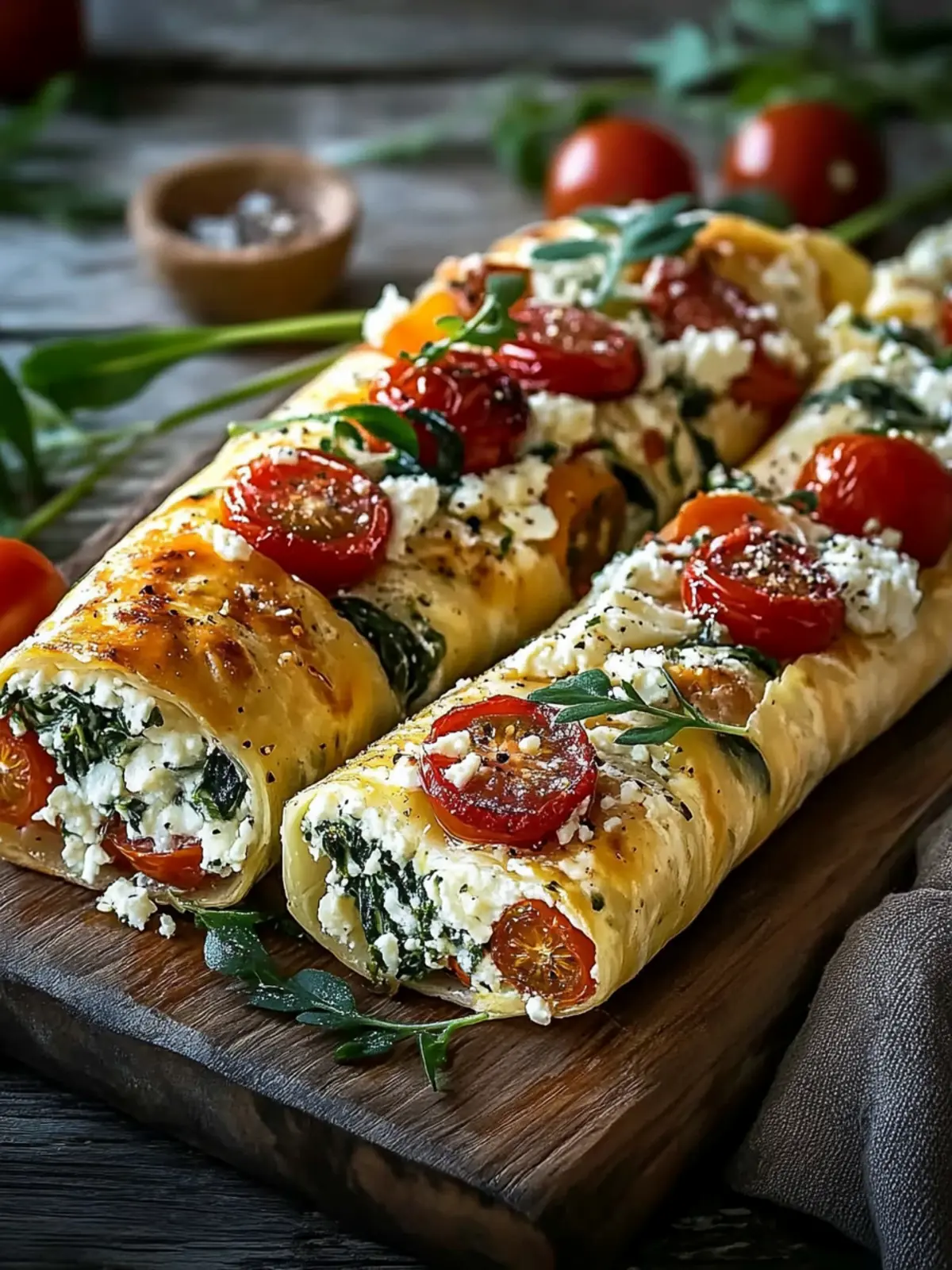 Mediterrane Feta-Röllchen mit Tomaten und Spinat