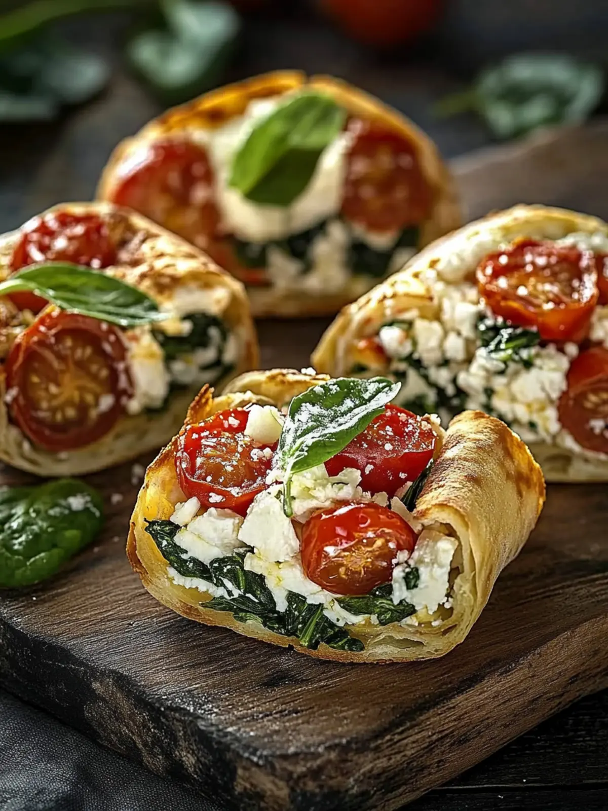 Mediterrane Feta-Röllchen mit Tomaten und Spinat