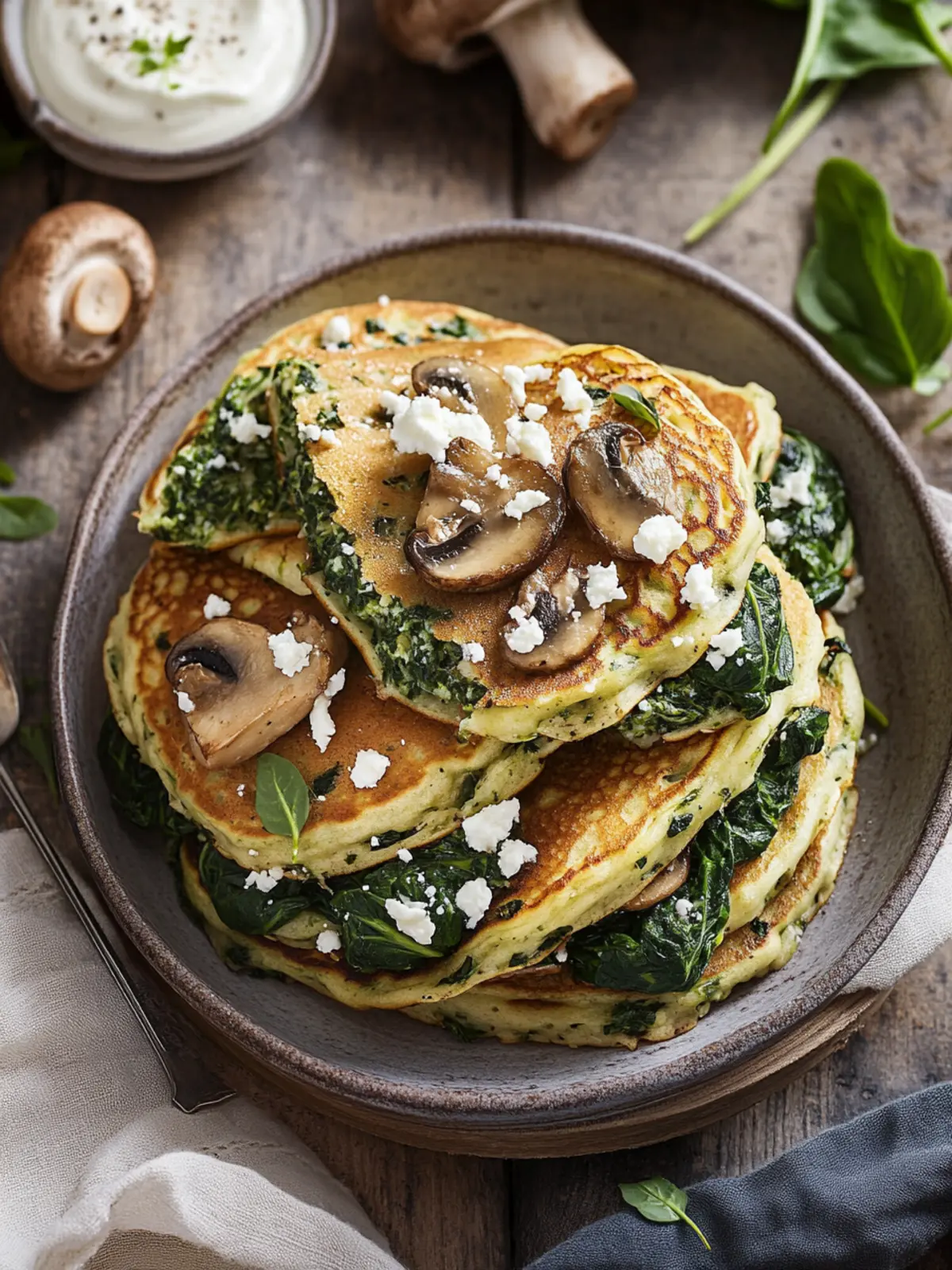 Herzhafter Genuss: Pfannkuchen mit Spinat, Pilzen und Feta