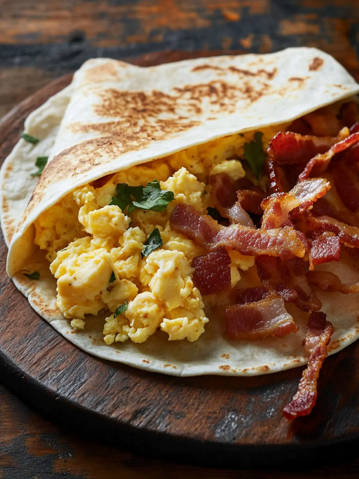 Breakfast tortilla with scrambled eggs and hearty bacon