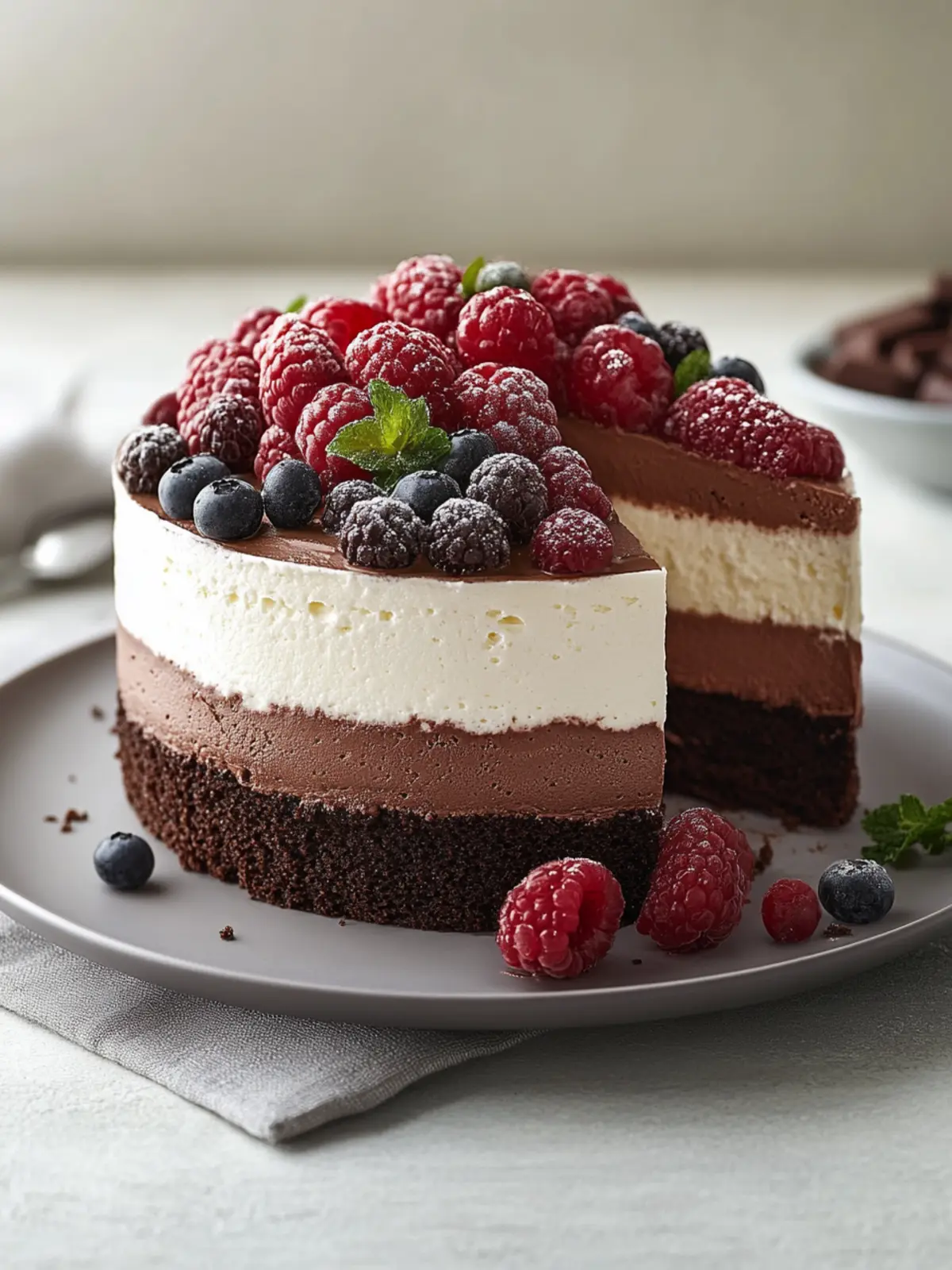 Dreifach-Schokoladenmousse-Kuchen