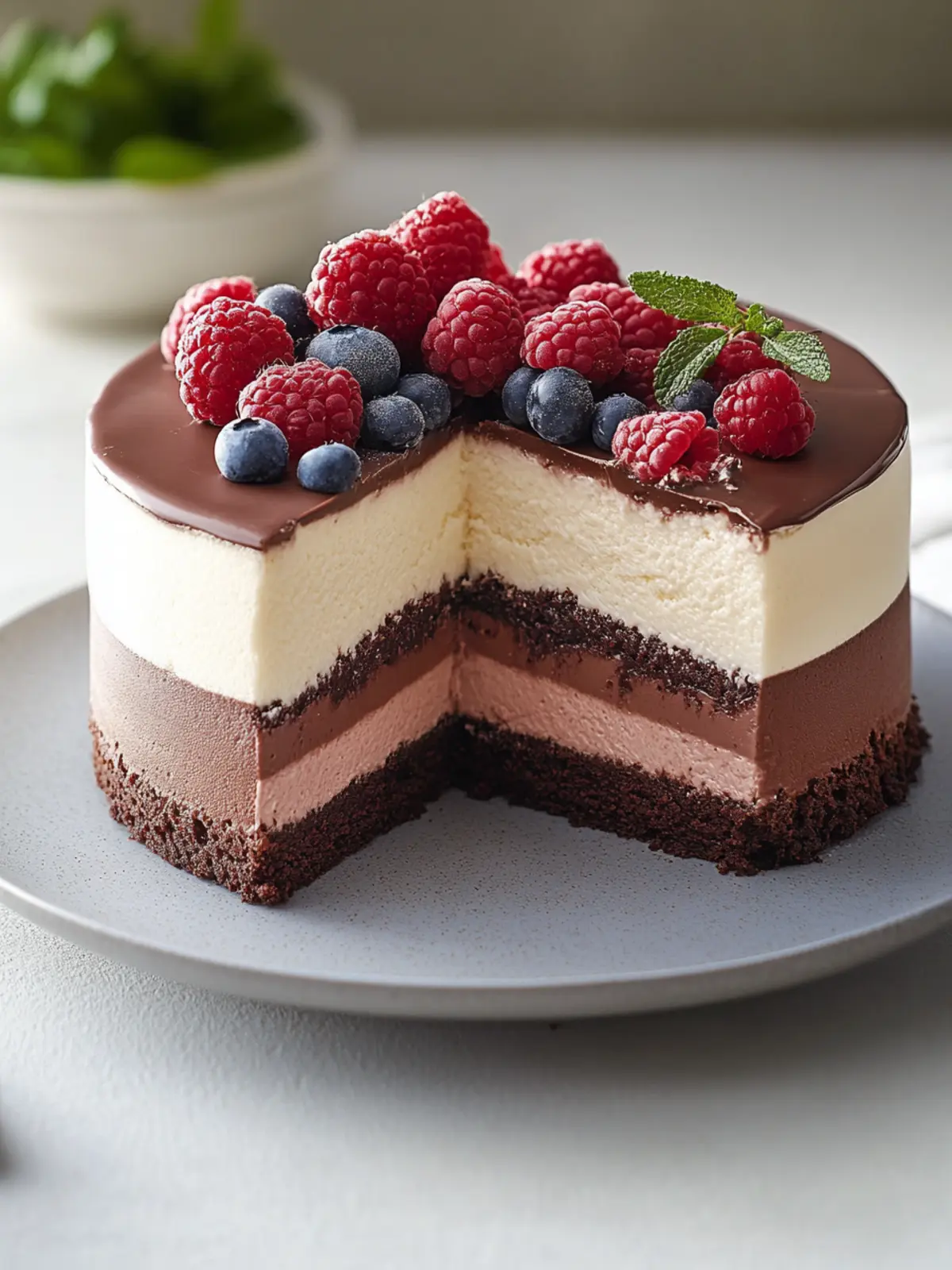 Dreifach Schokoladenmousse-Kuchen