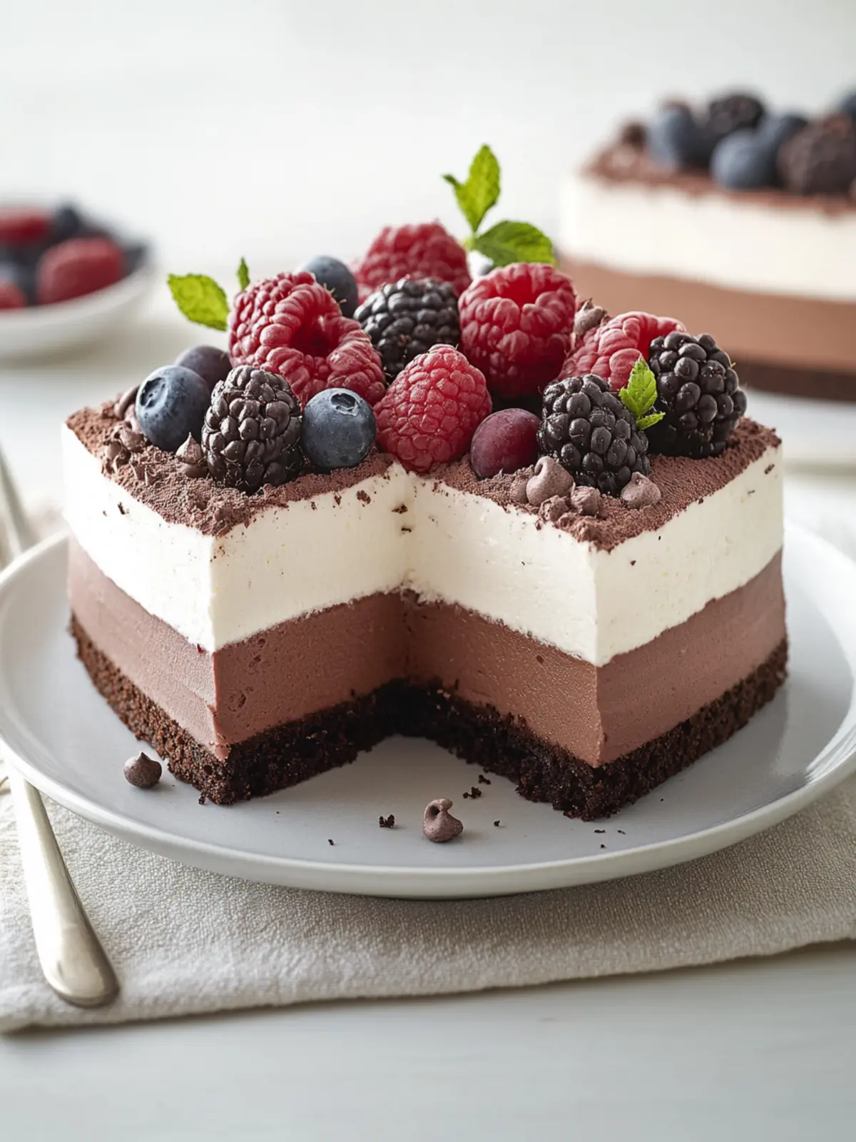 Dreifach Schokoladenmousse-Kuchen