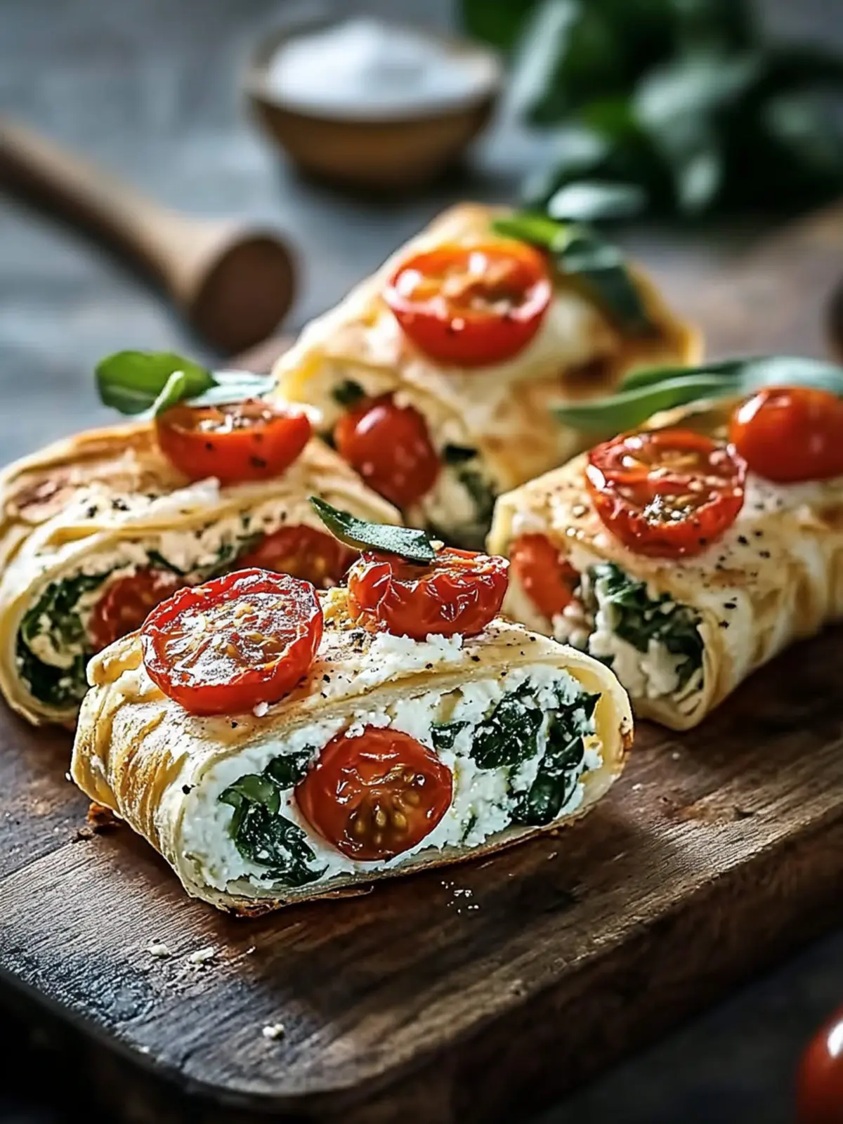 Mediterrane Feta-Röllchen mit Tomaten und Spinat