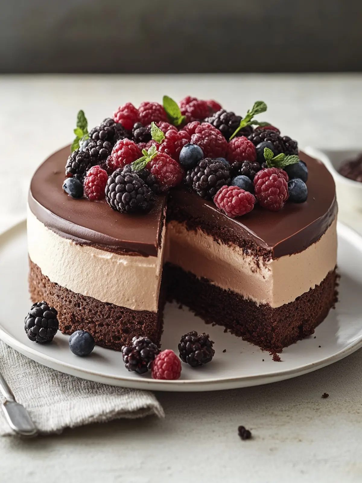 Dreifach Schokoladenmousse-Kuchen