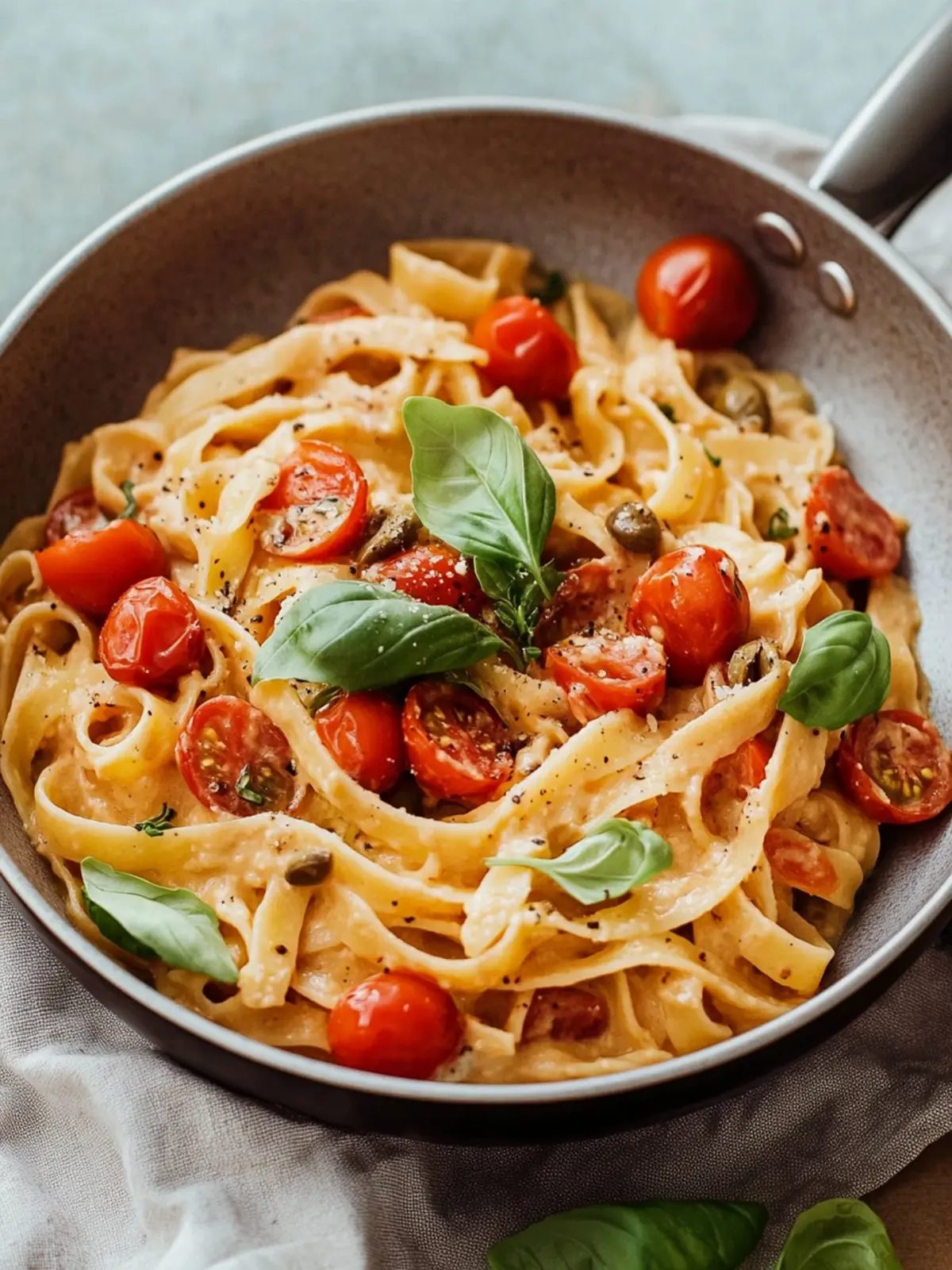 Cremige Hummus-Pasta mit Tomaten und Oliven + meine neue OLAV Pfanne