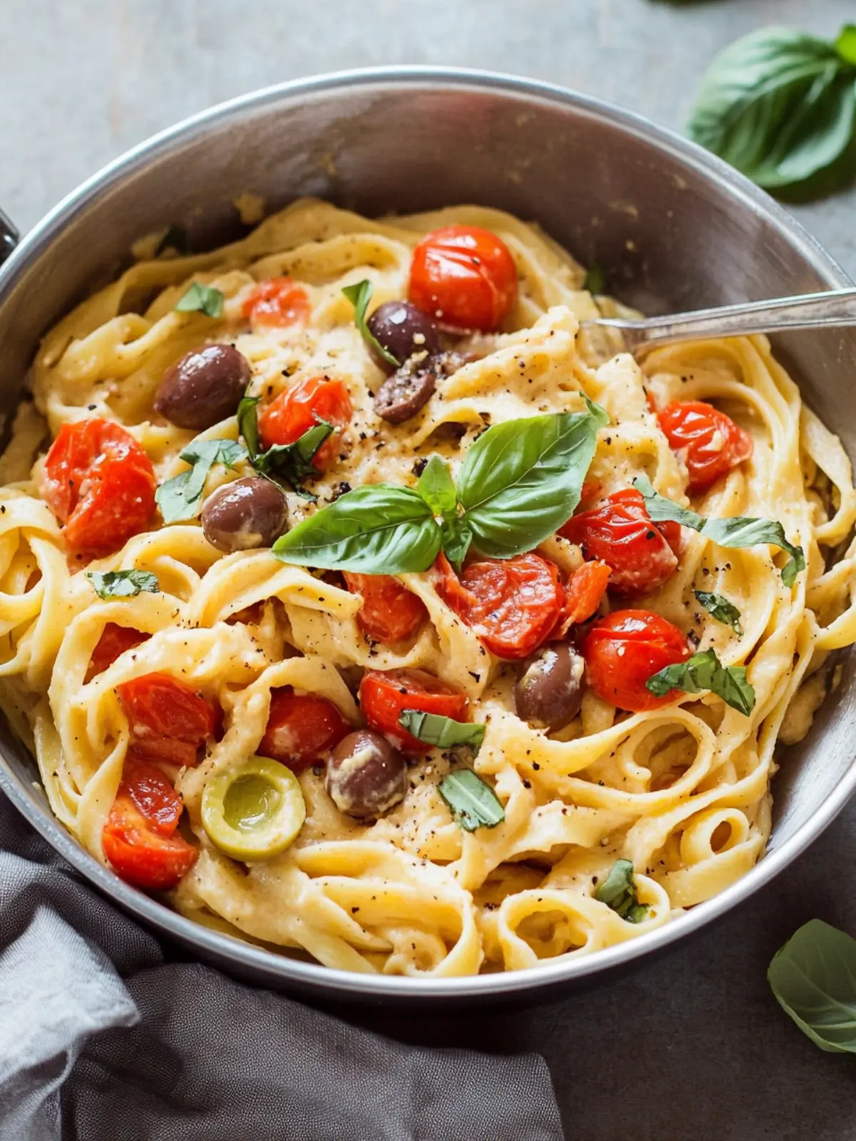 Cremige Hummus-Pasta mit Tomaten und Oliven + meine neue OLAV Pfanne