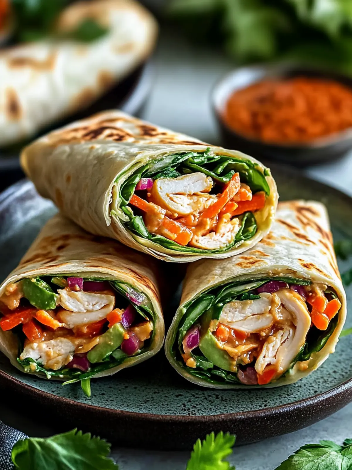 Leckere Thai Erdnuss Hähnchen Wraps