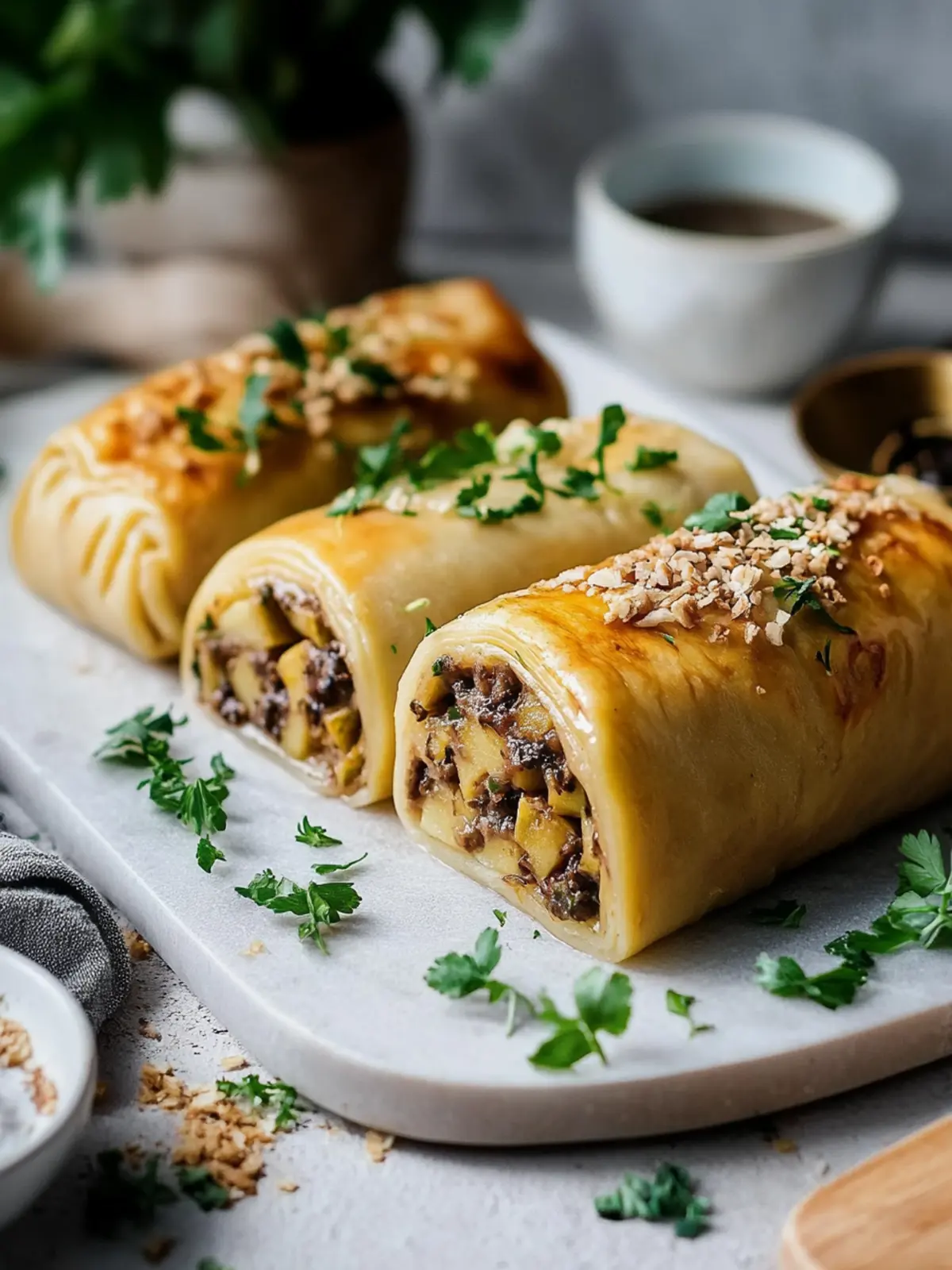 Vegane Kartoffelrolle mit Pilz-Nuss-Füllung und Rahmsoße