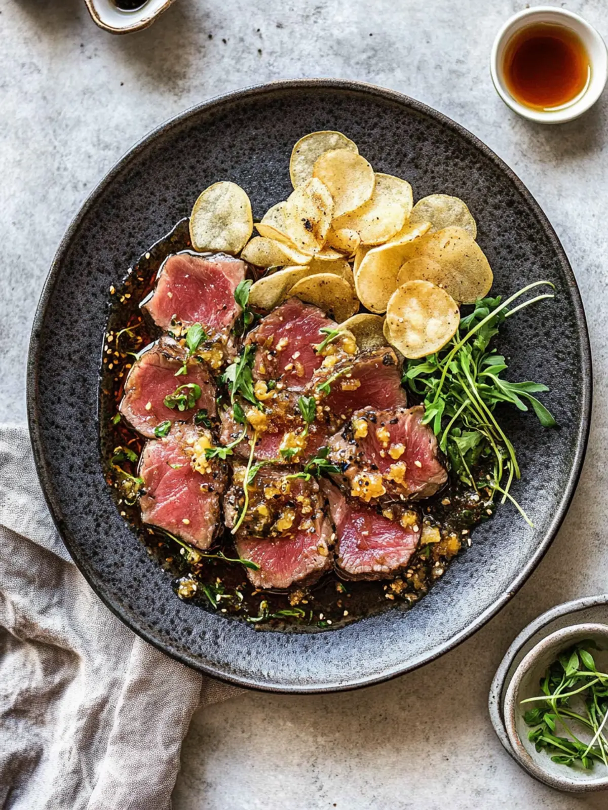 Rindertataki mit Knoblauchchips und Ponzu