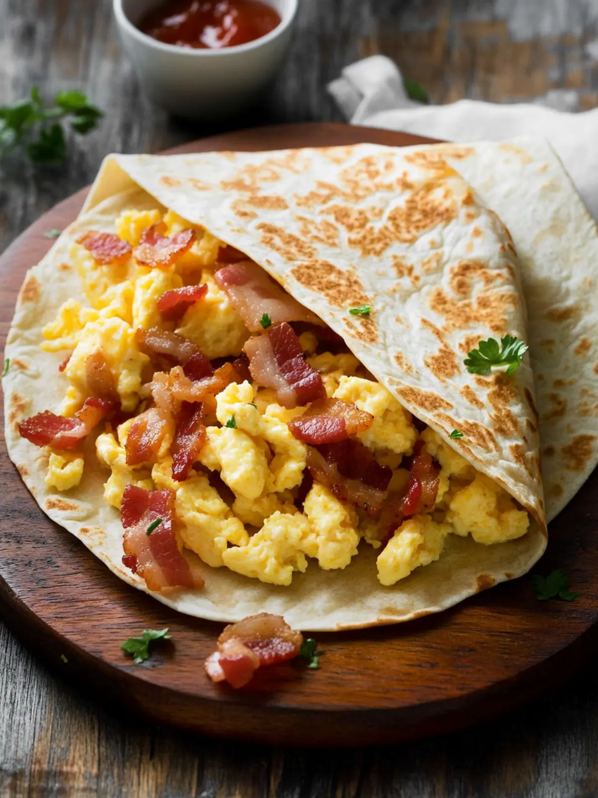 Breakfast tortilla with scrambled eggs and hearty bacon