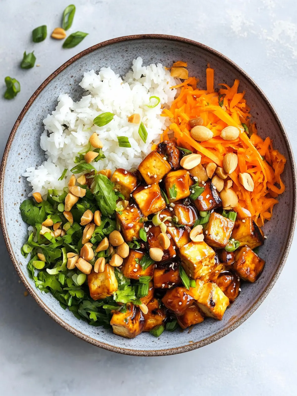 Crispy-sweet tofu cubes with sushi rice and carrot-peanut salad