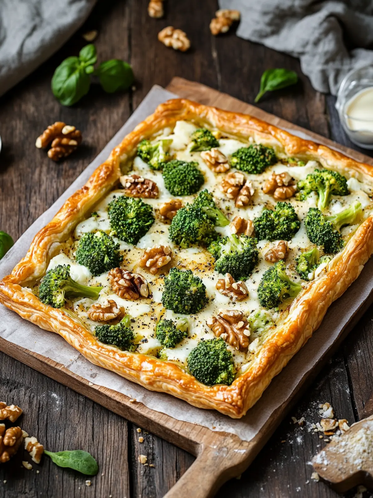 Hearty spicy puff pastry tart with broccoli, cheese & walnuts