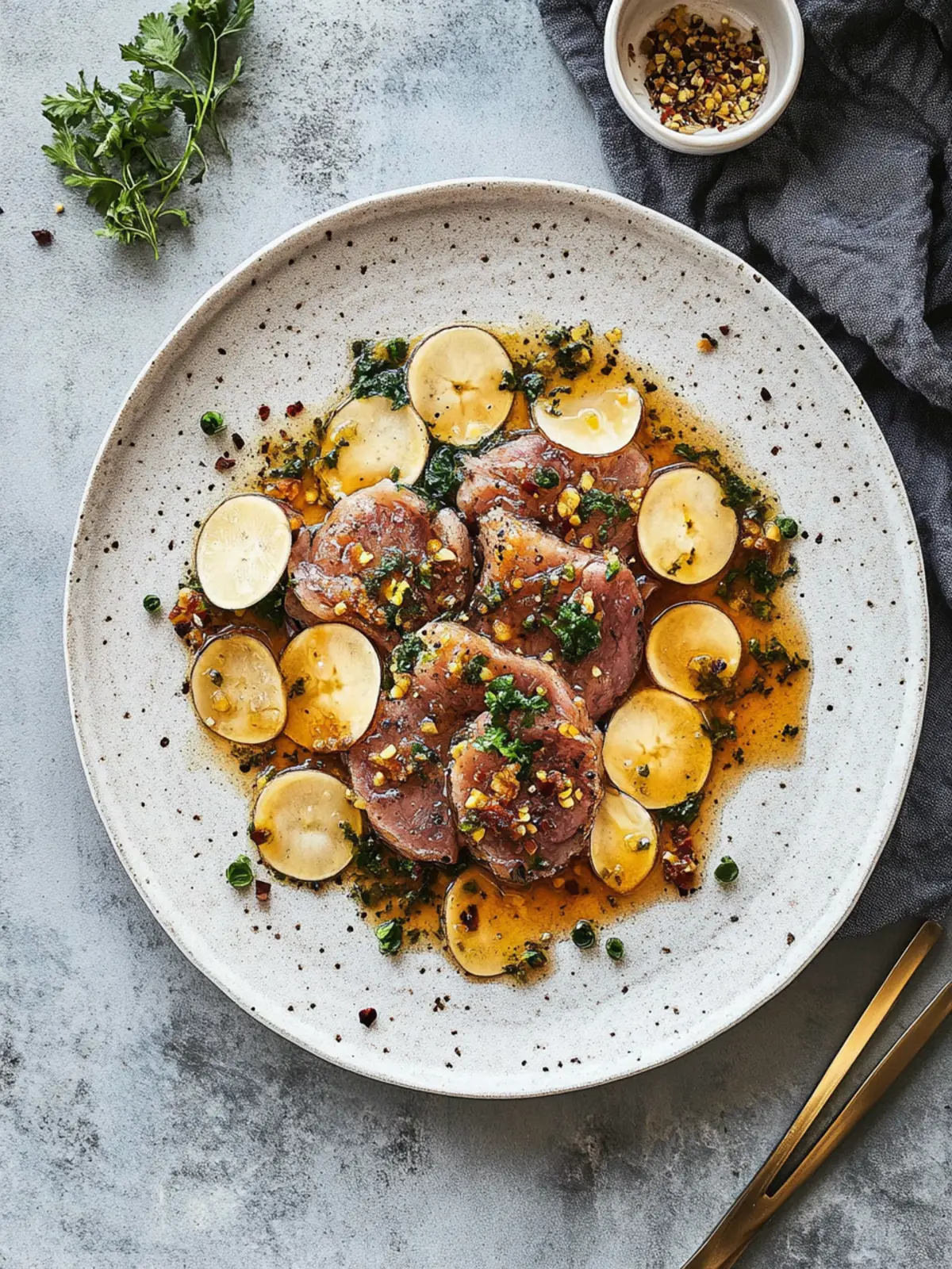 Rindertataki mit Knoblauchchips und Ponzu