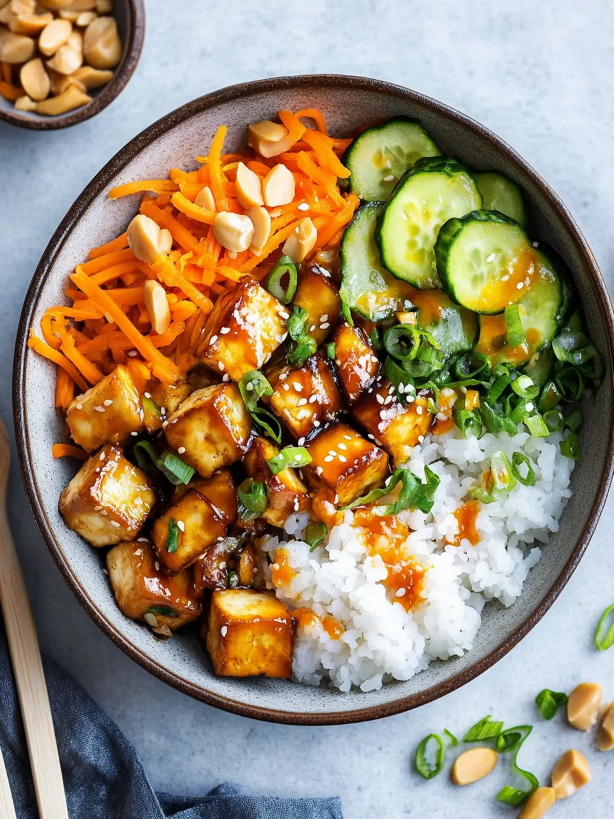 Crispy-sweet tofu cubes with sushi rice and carrot-peanut salad