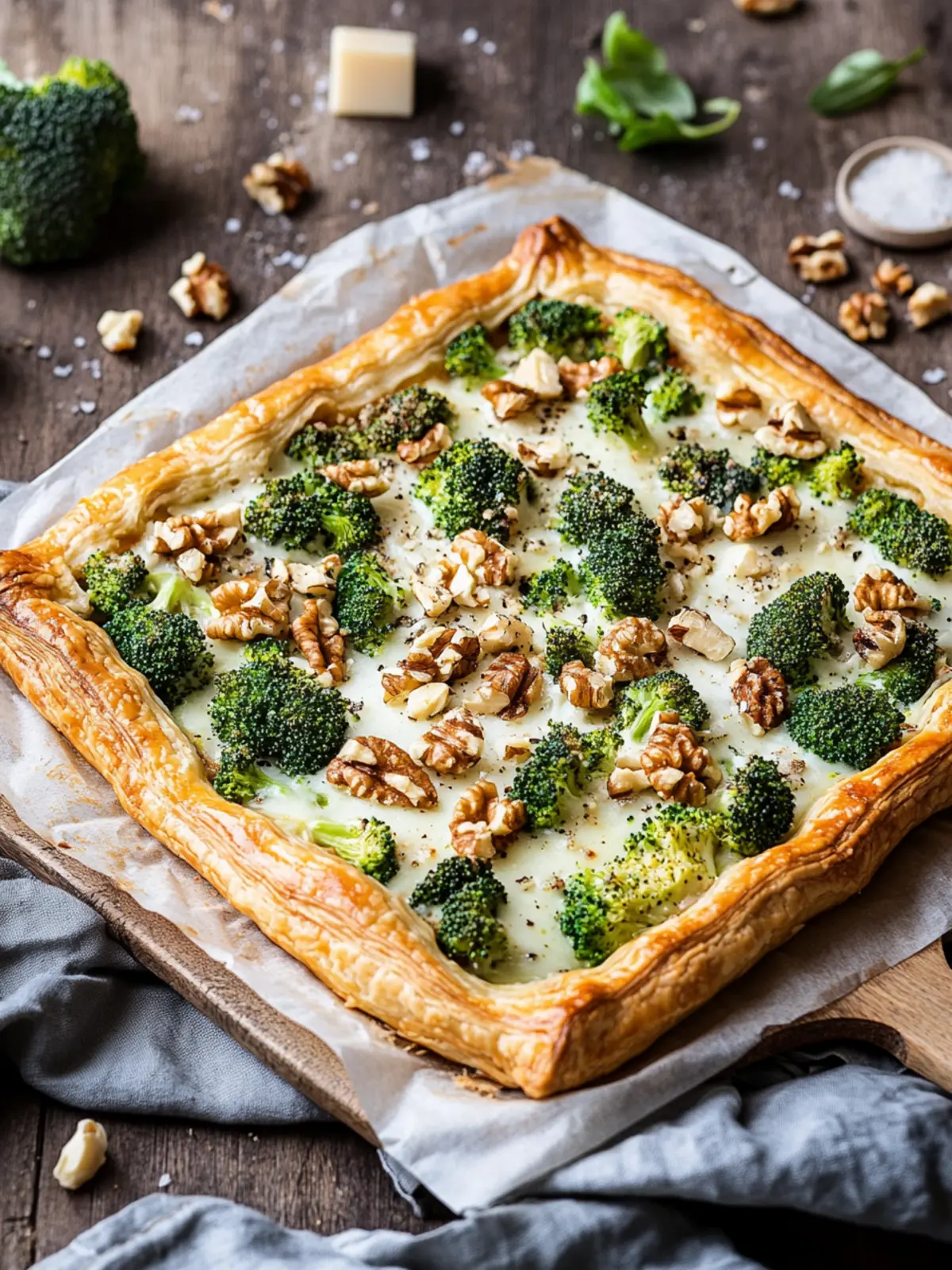 Hearty spicy puff pastry tart with broccoli, cheese & walnuts