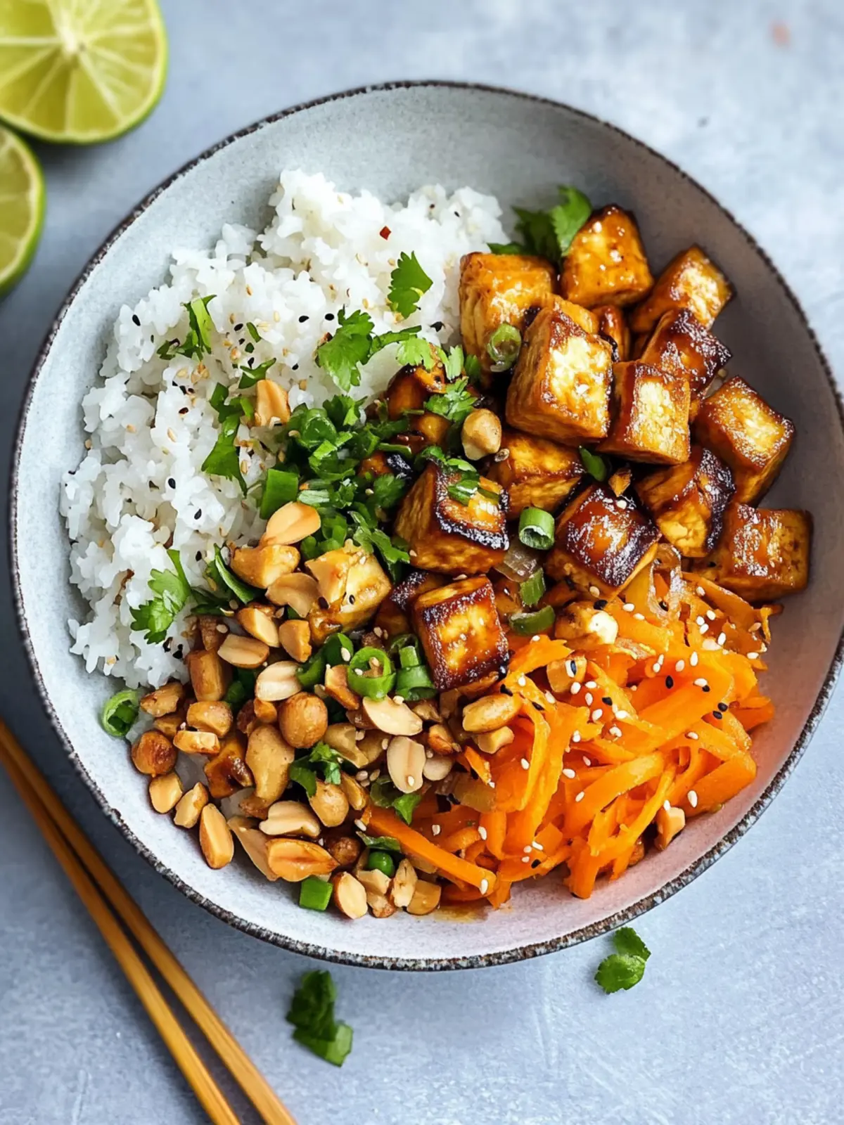 Crispy-sweet tofu cubes with sushi rice and carrot-peanut salad
