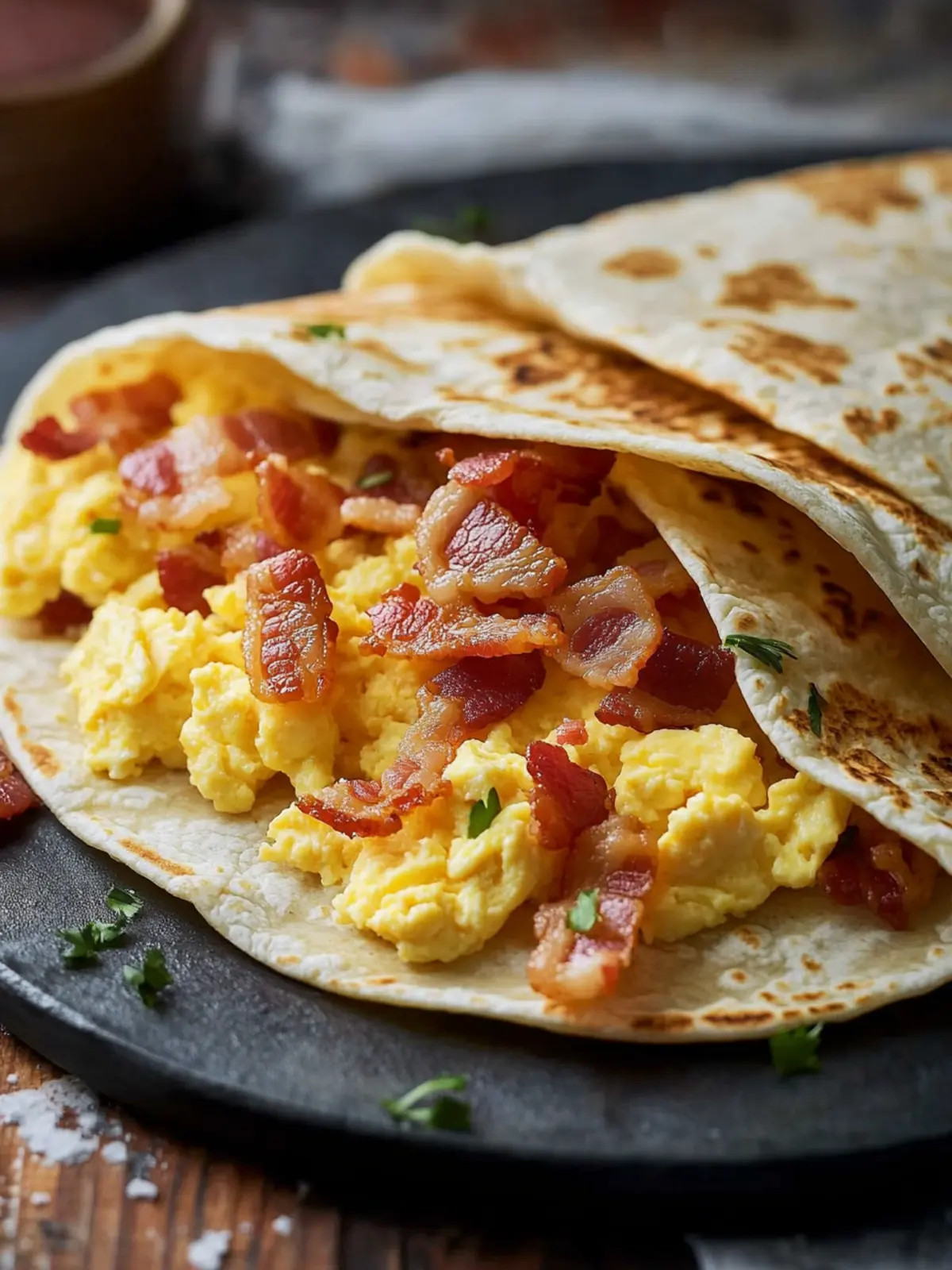 Breakfast tortilla with scrambled eggs and hearty bacon
