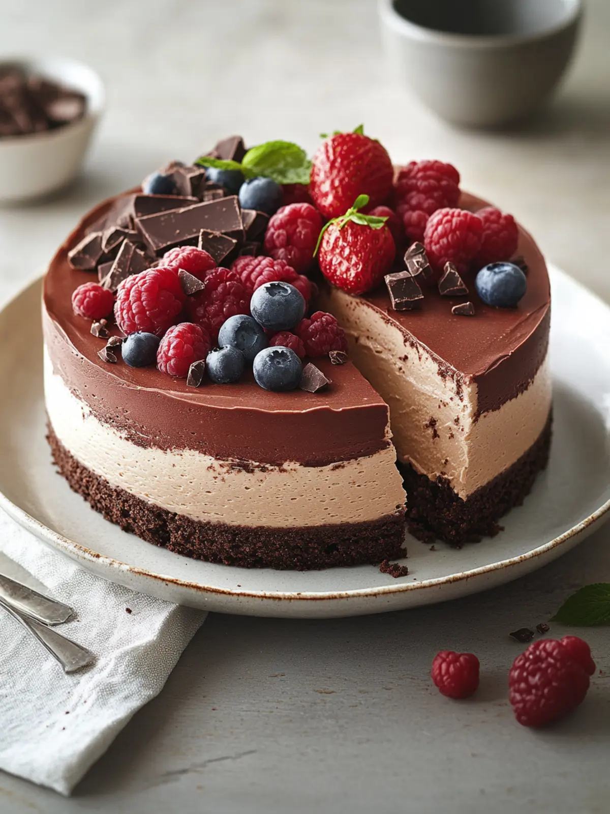 Dreifach-Schokoladenmousse-Kuchen