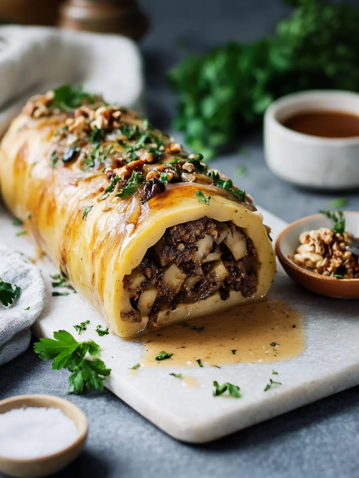 Vegane Kartoffelrolle mit Pilz-Nuss-Füllung und Rahmsoße