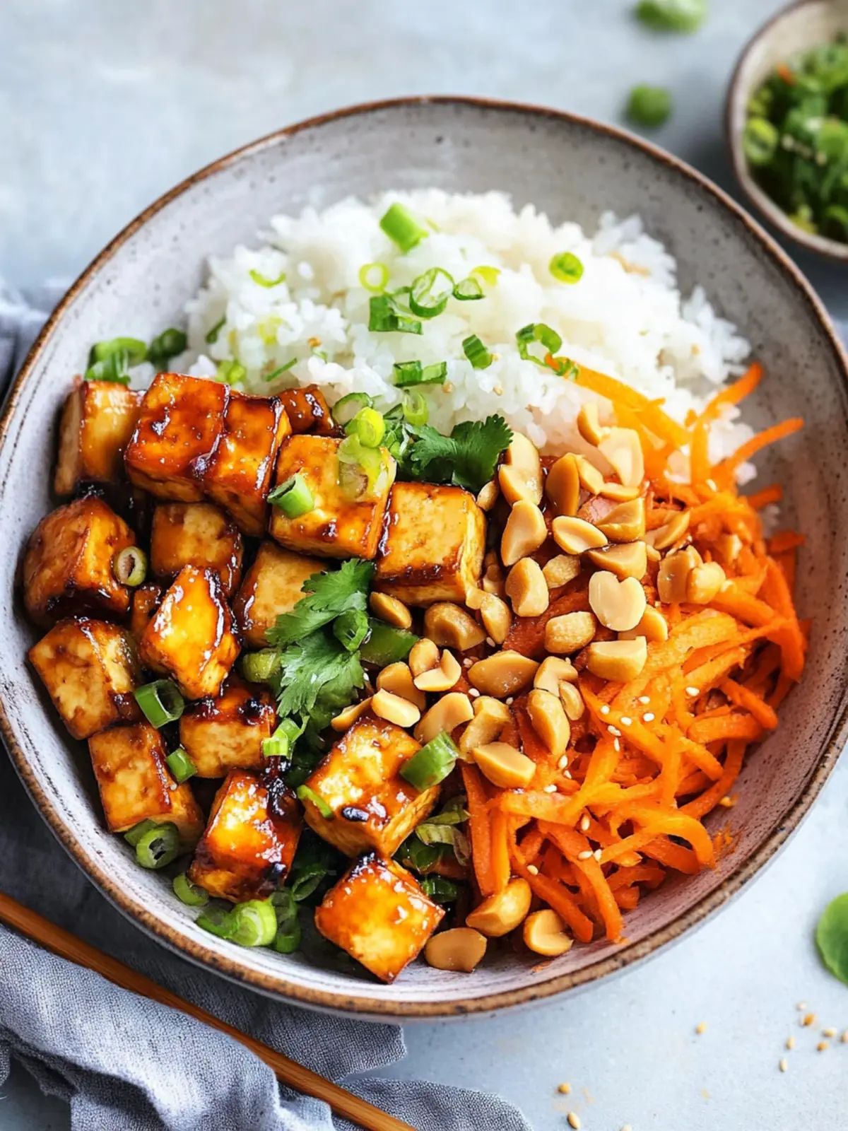 Crispy-sweet tofu cubes with sushi rice and carrot-peanut salad