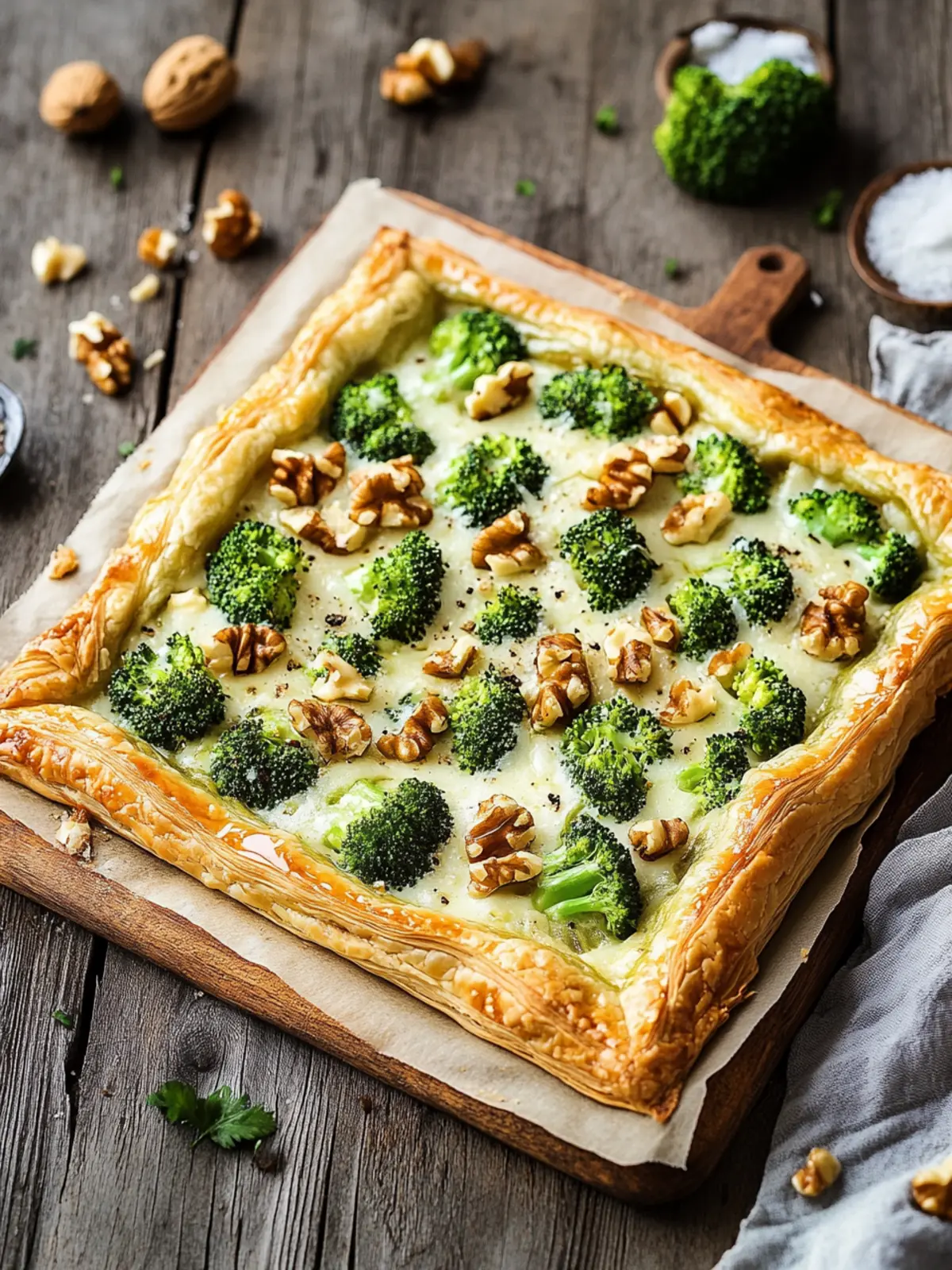 Hearty spicy puff pastry tart with broccoli, cheese & walnuts