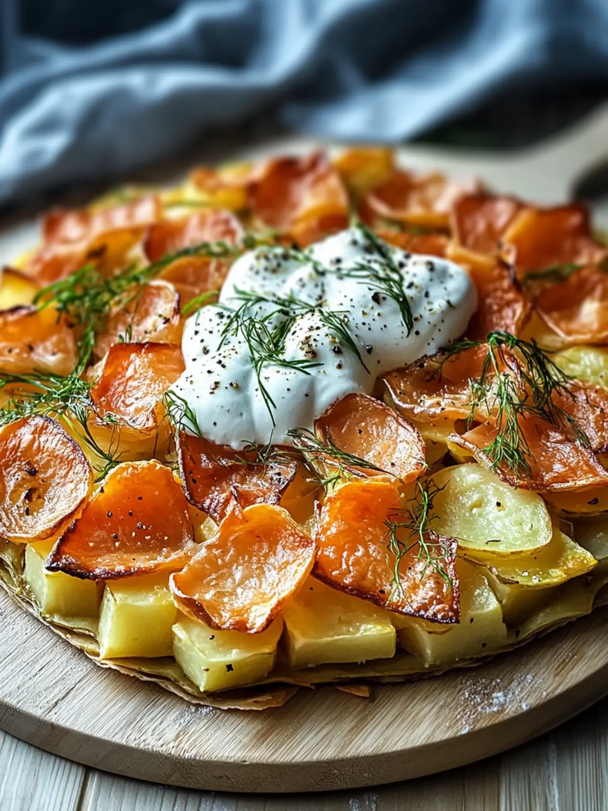 Knusprige Kartoffelgalette mit Räucherlachs und Crème Fraîche