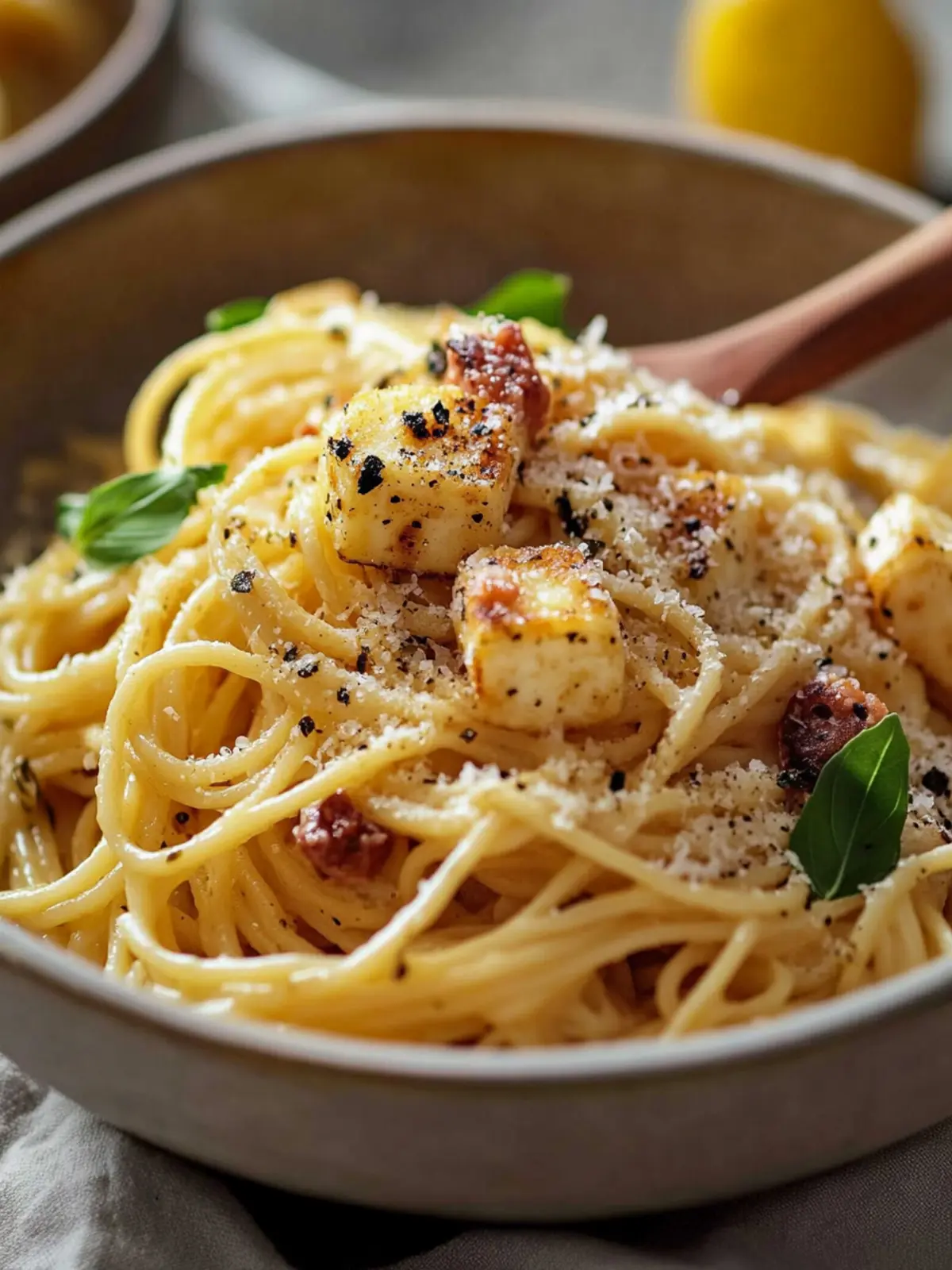 Vegetarische Halloumi Carbonara – Cremiger Pasta-Hochgenuss