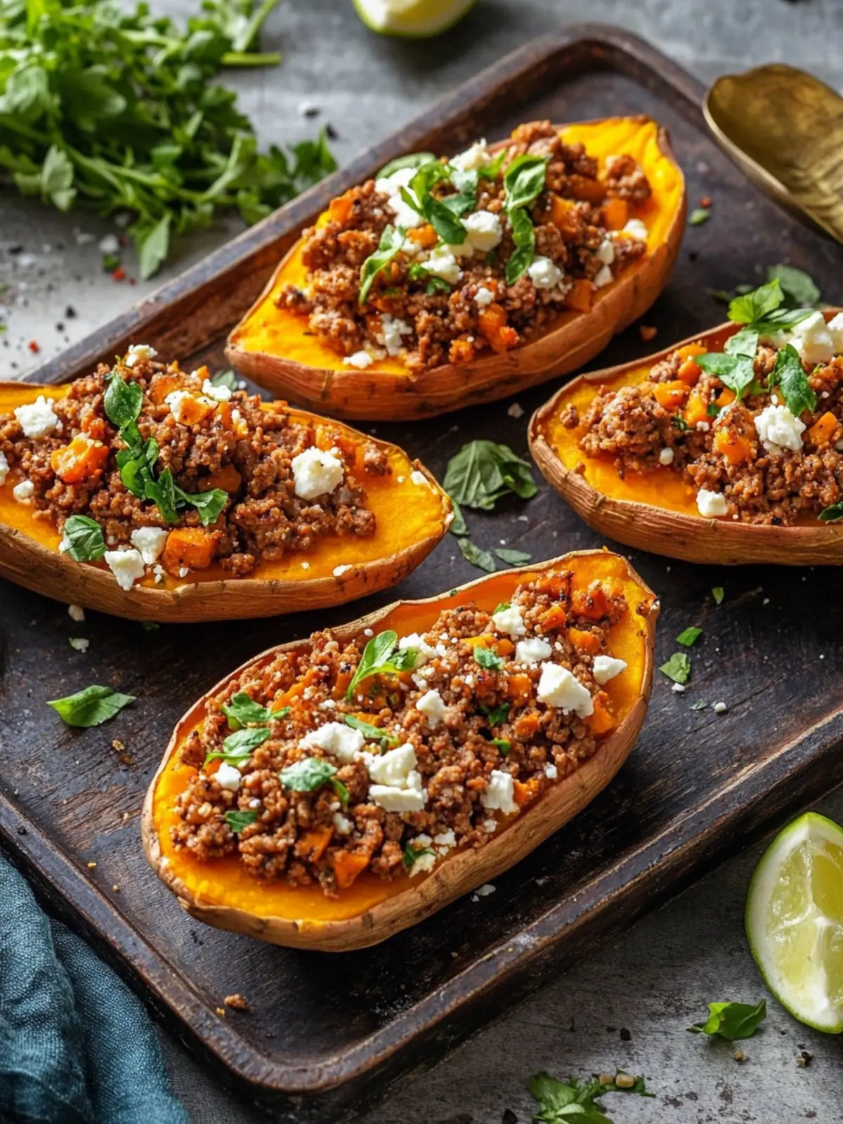 Stuffed sweet potatoes with veal mince and feta