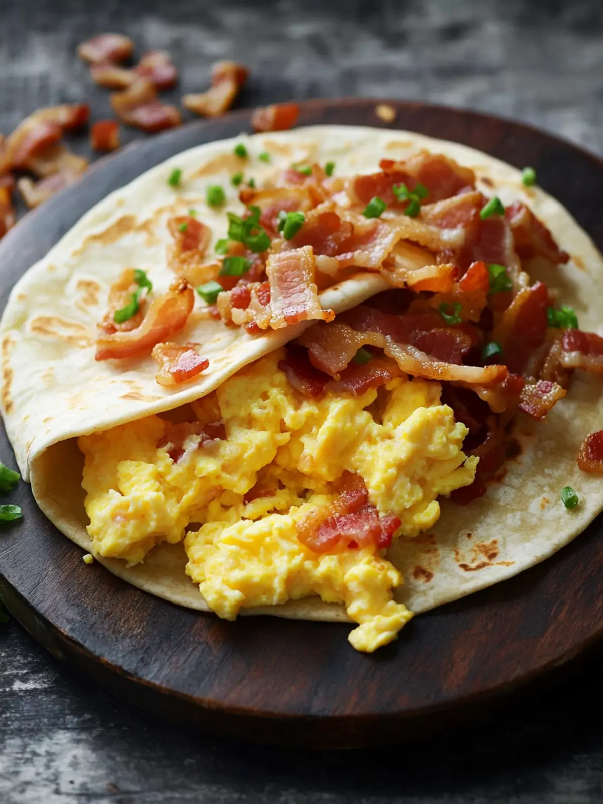 Breakfast tortilla with scrambled eggs and hearty bacon