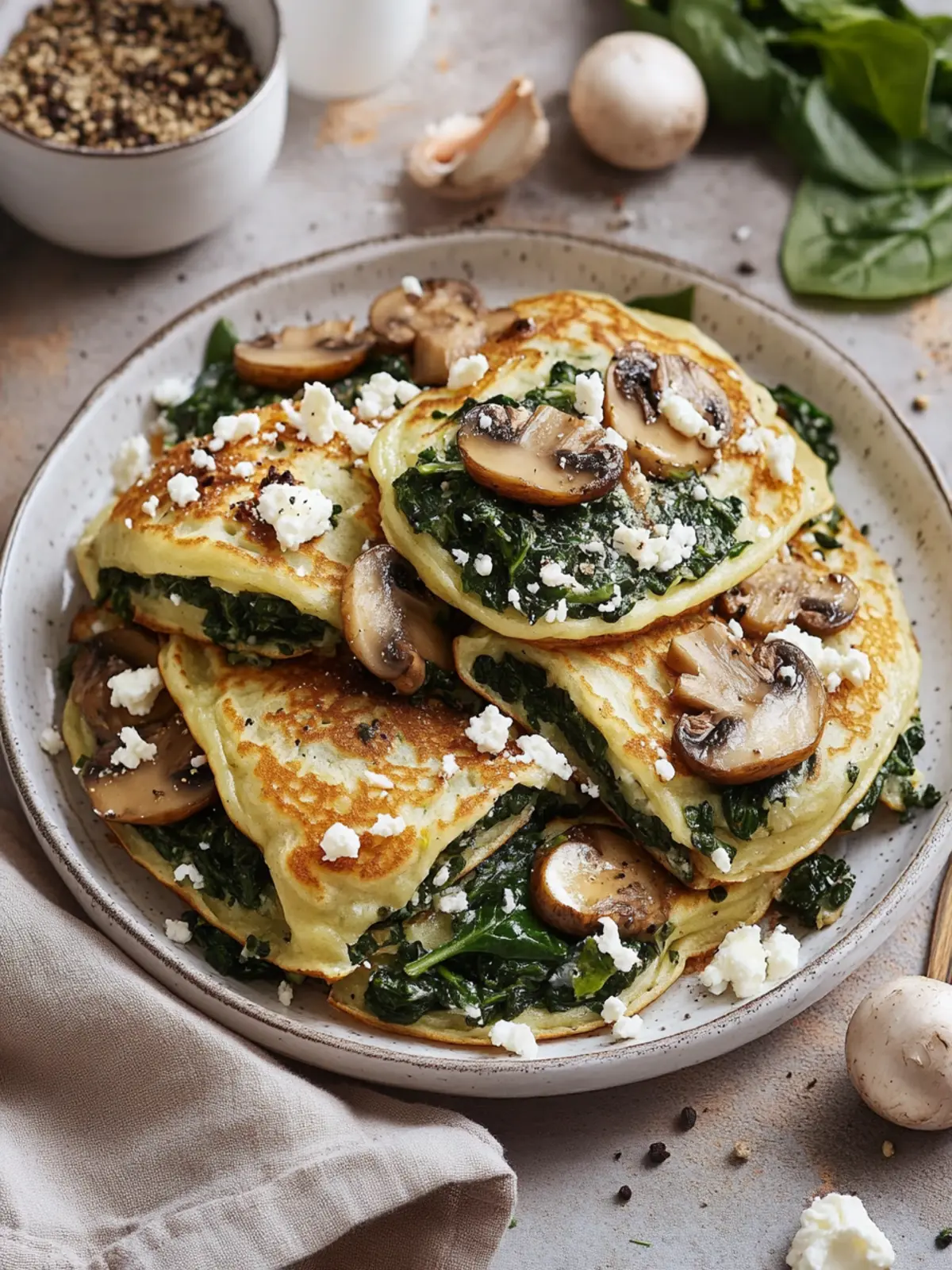 Herzhafter Genuss: Pfannkuchen mit Spinat, Pilzen und Feta
