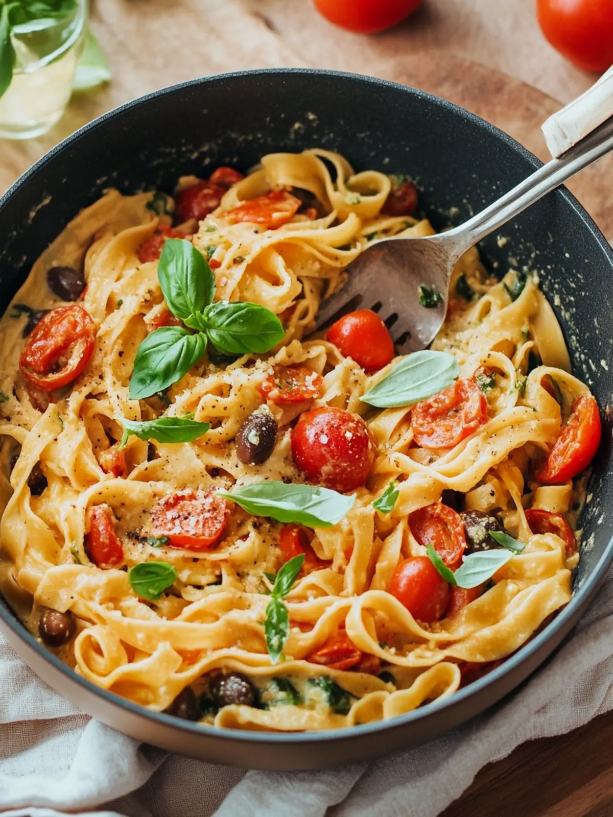 Cremige Hummus-Pasta mit Tomaten und Oliven + meine neue OLAV Pfanne