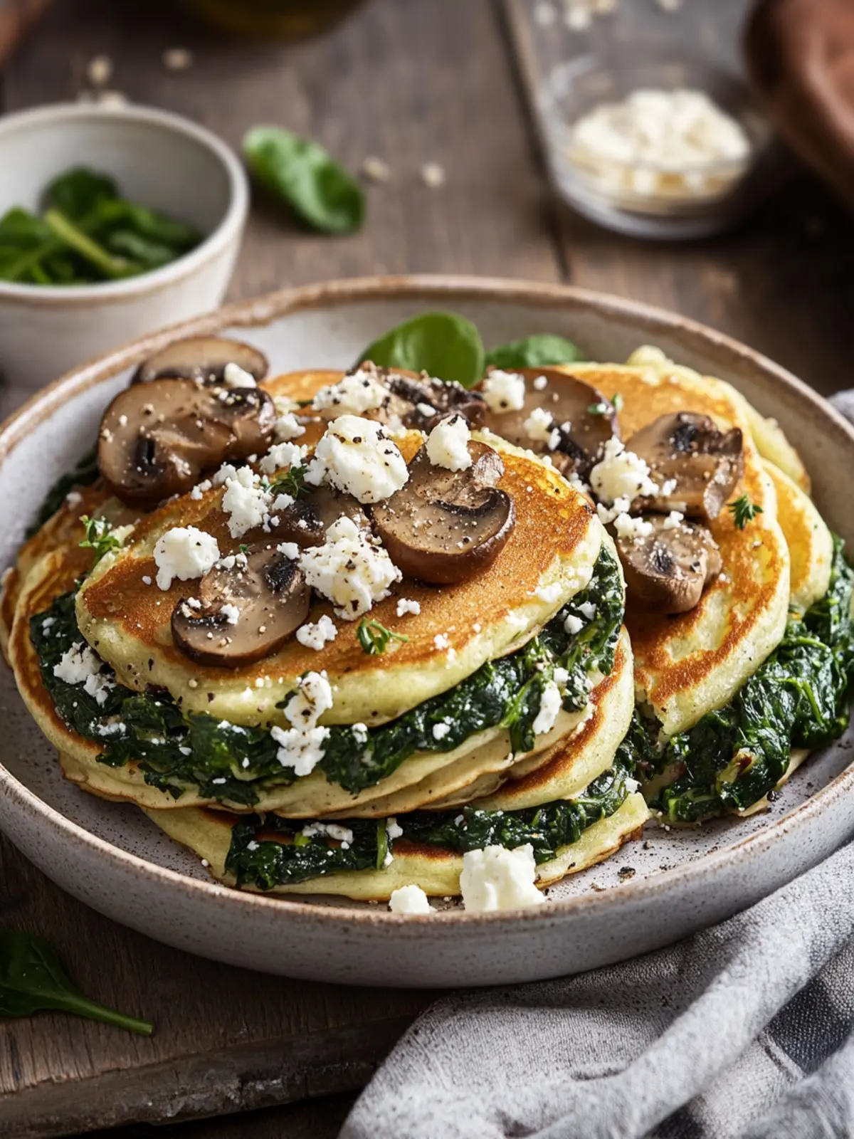Herzhafter Genuss: Pfannkuchen mit Spinat, Pilzen und Feta