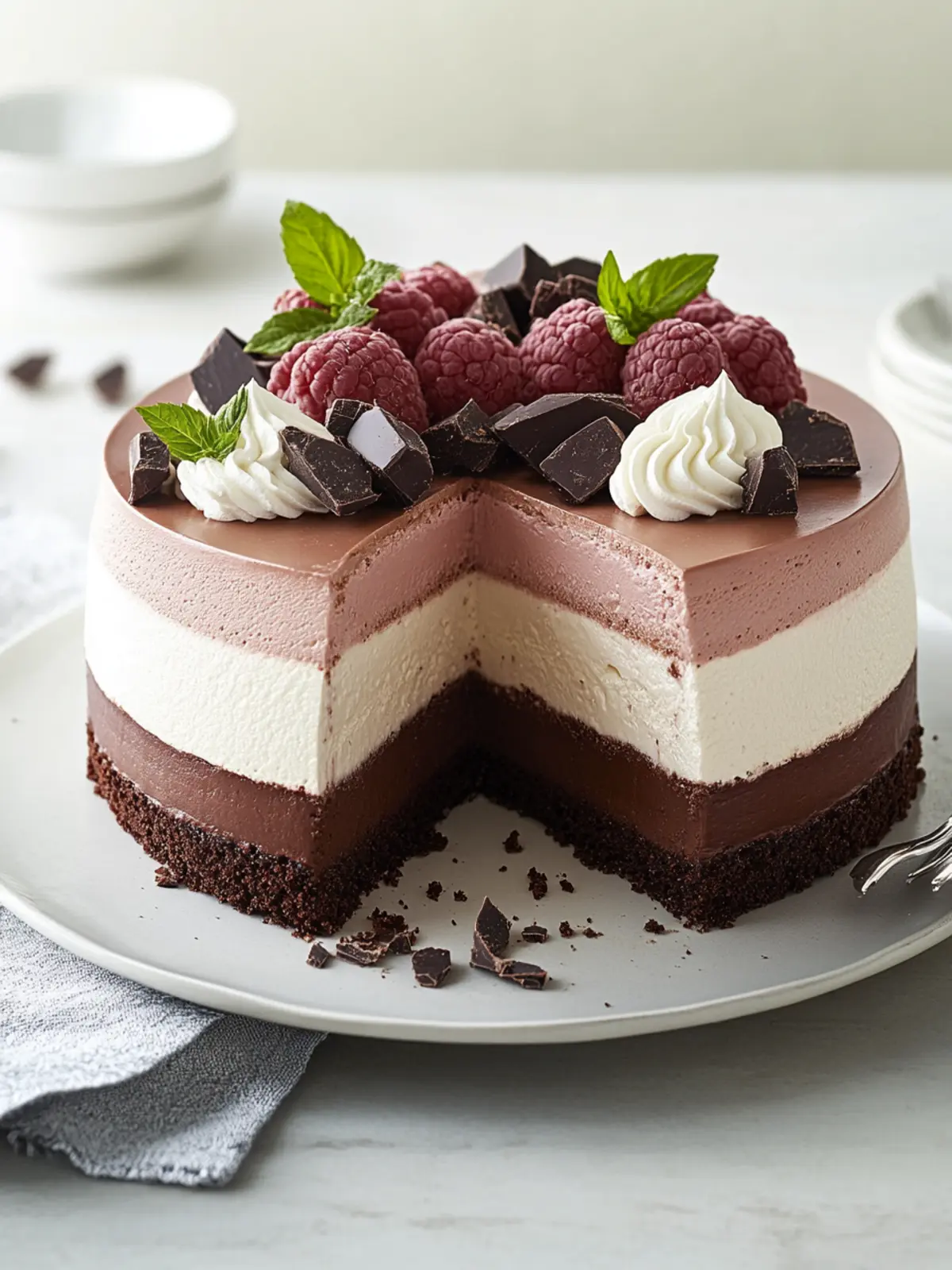 Dreifach Schokoladenmousse-Kuchen