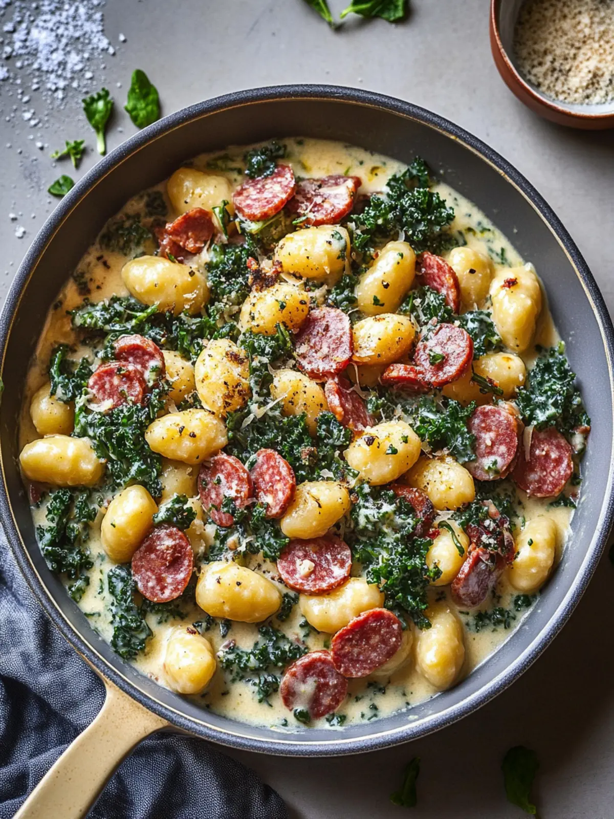Gnocchi pan with creamy cauliflower sauce, kale and veggie salami