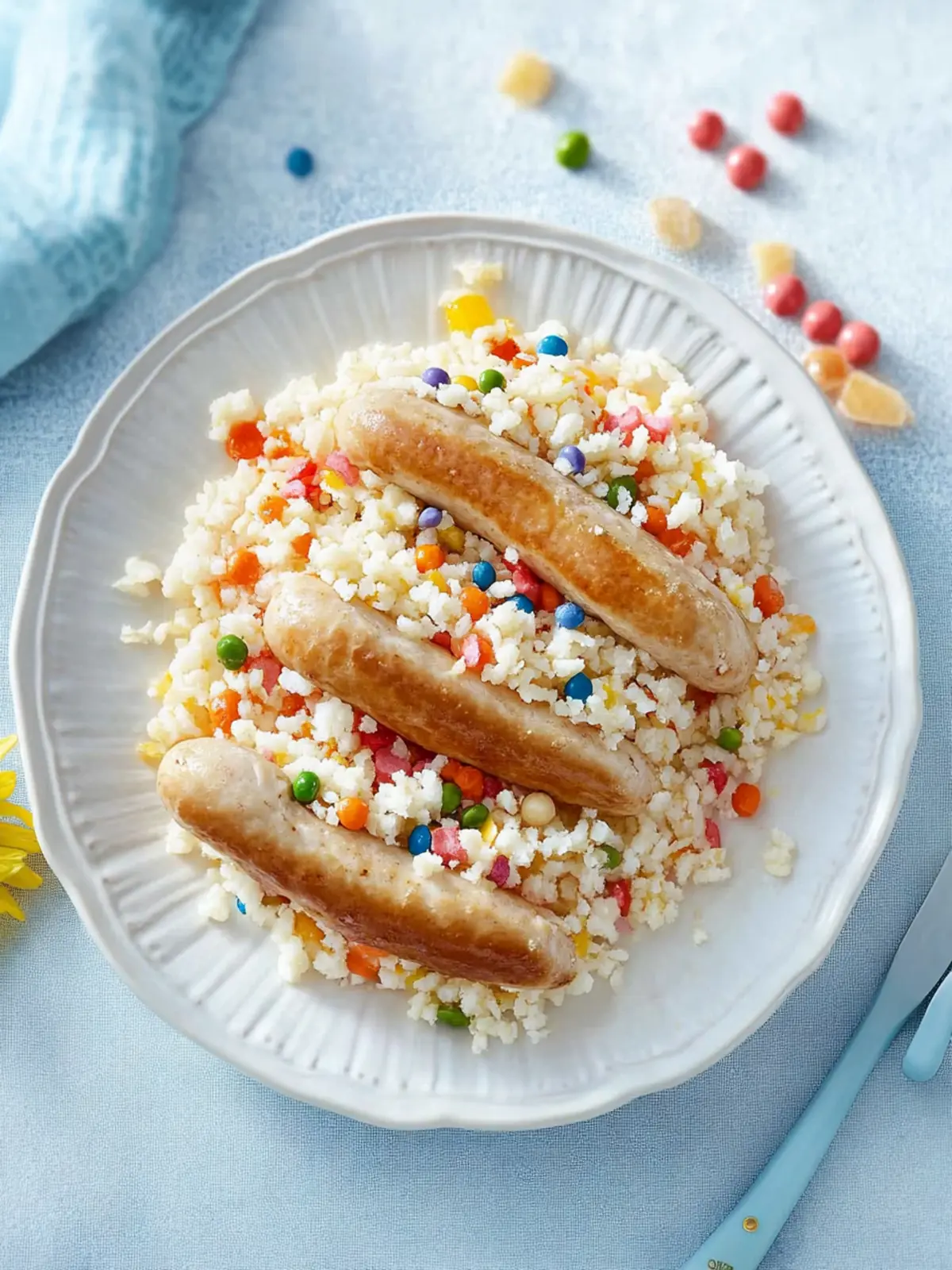 Konfetti-Reis mit Bratwürstchen