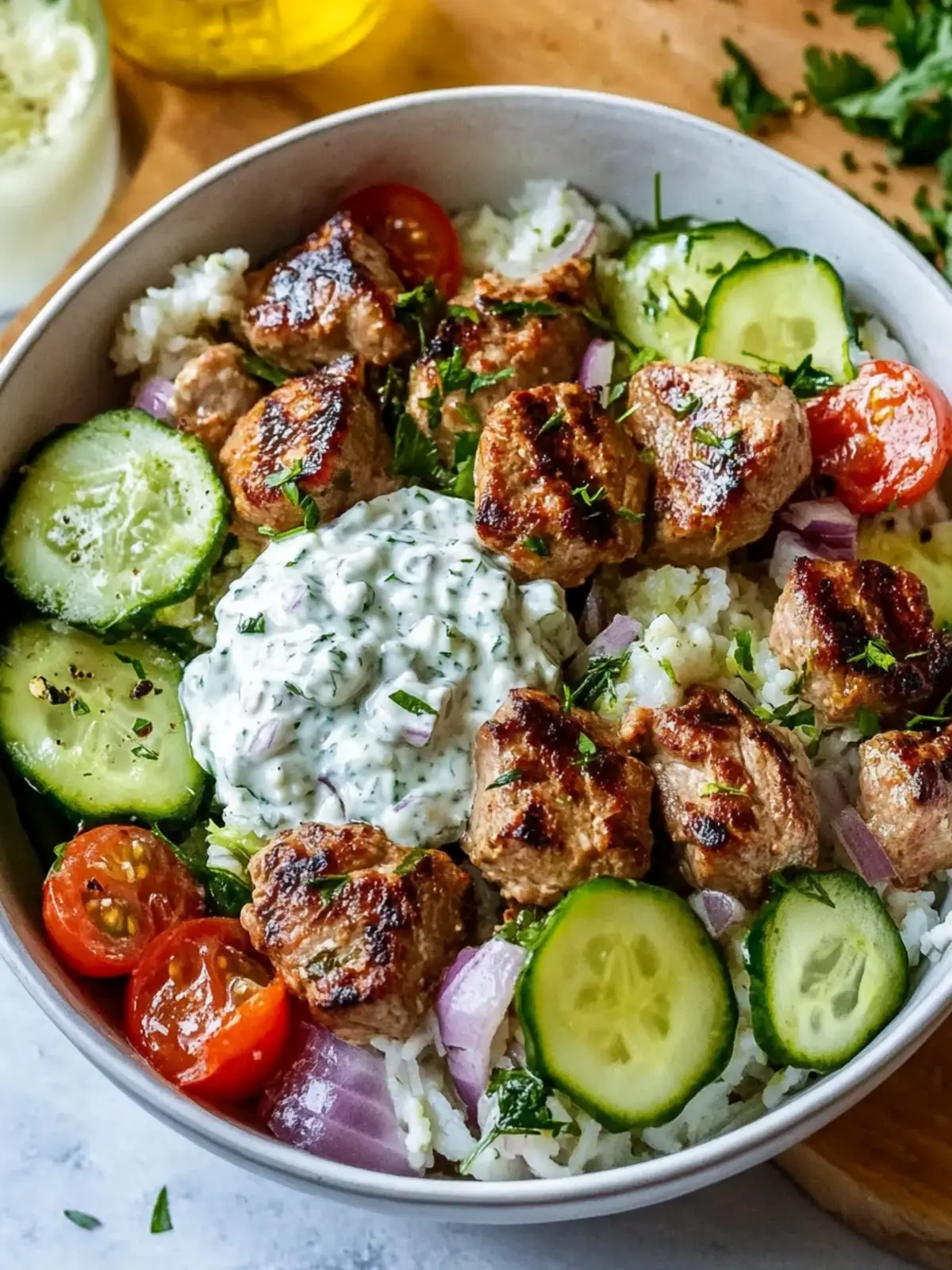 Griechische Fleischbällchen-Schüssel mit Tzatziki: Frisch, Aromatisch und Gesundes Mediterranes Gericht