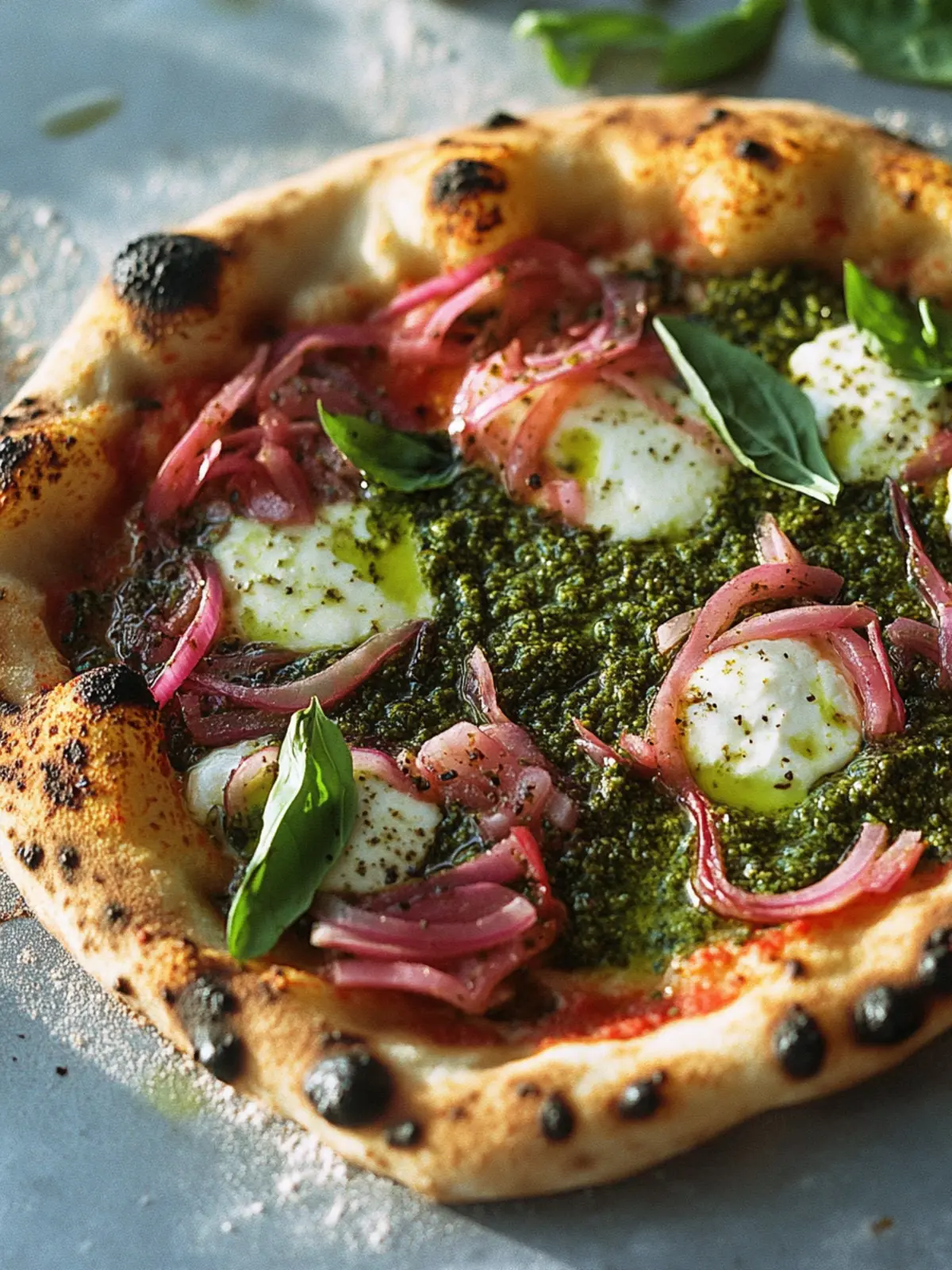 Pizza with pesto, pickled onions and mozzarella