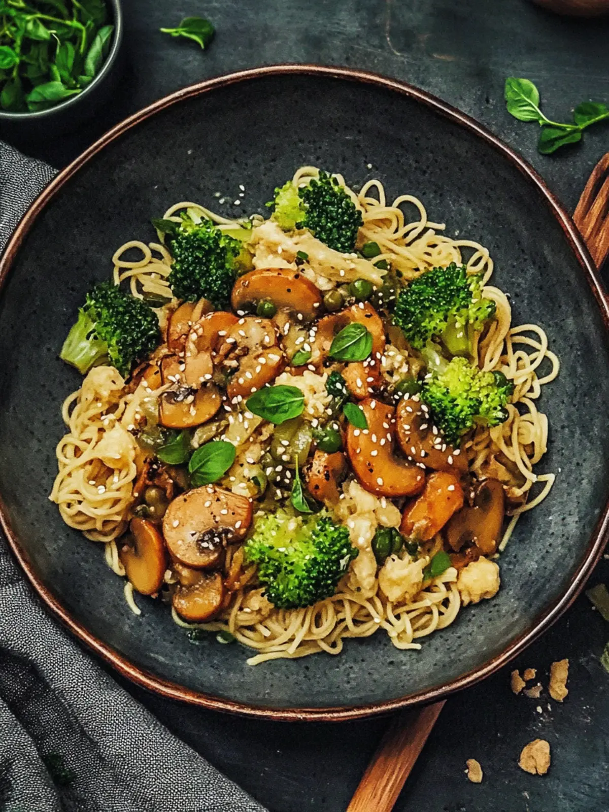 Champignon-Brokkoli-Pfanne auf Reisnudeln