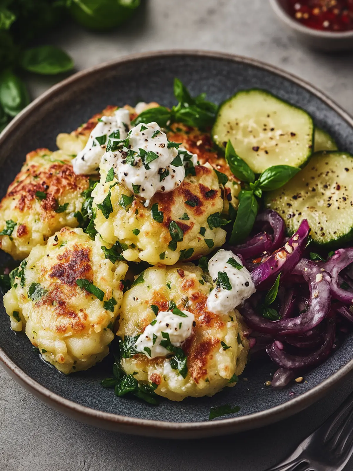Mediterrane Kartoffel-Feta-Puffer mit Gurkensalat lecker