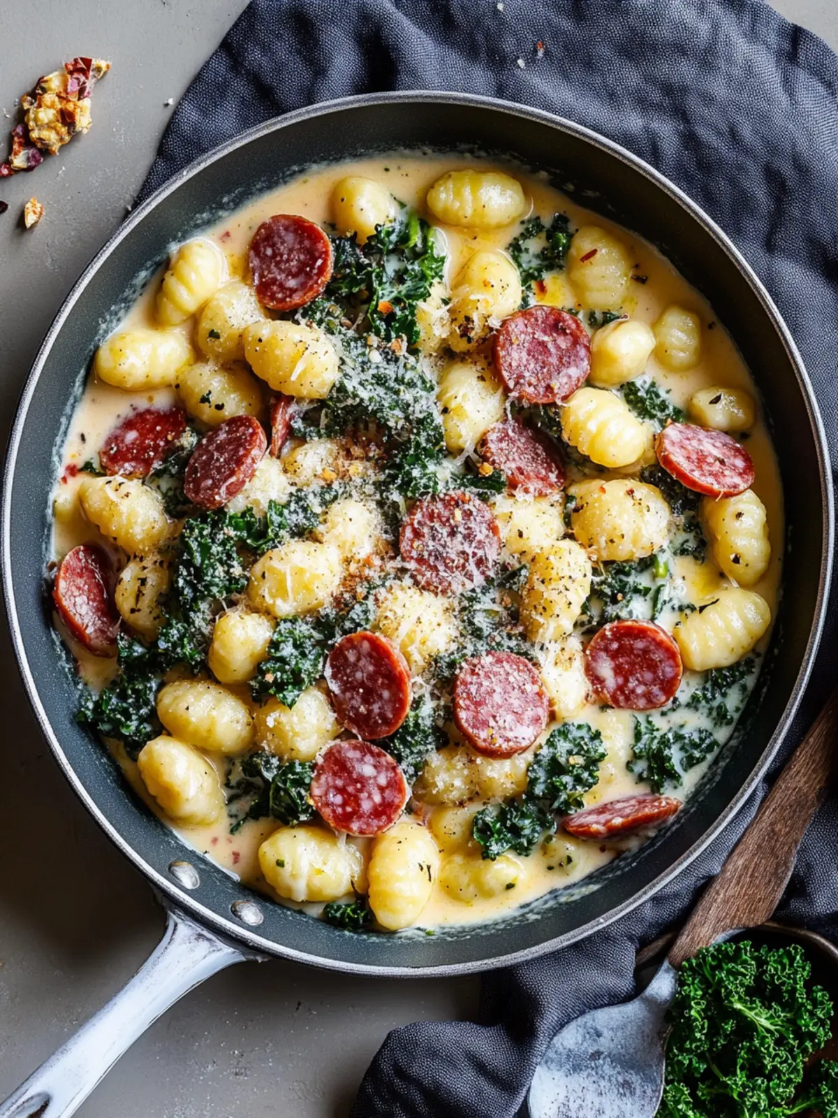 Gnocchi pan with creamy cauliflower sauce, kale and veggie salami