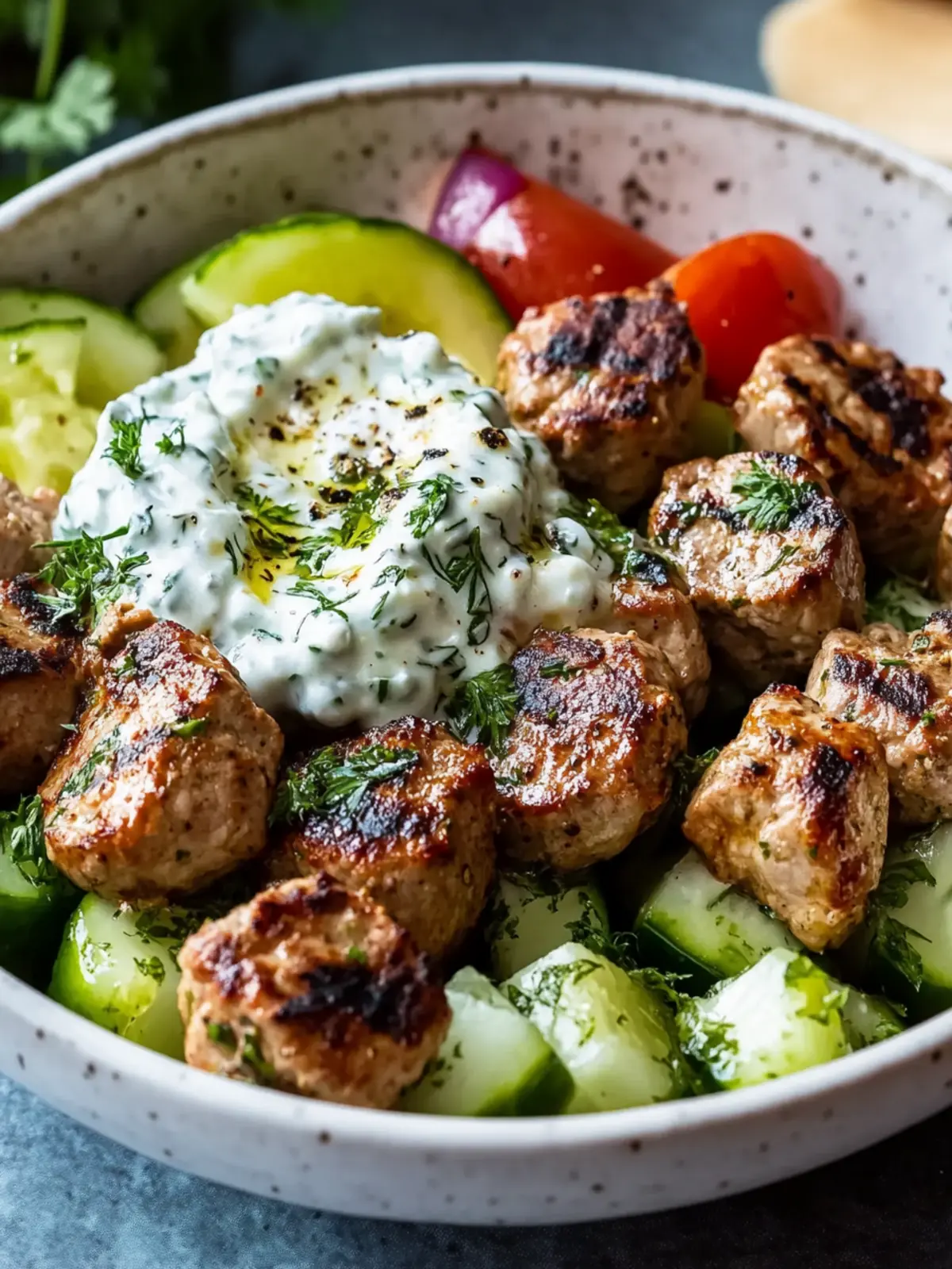 Griechische Fleischbällchen-Schüssel mit Tzatziki: Frisch, Aromatisch und Gesundes Mediterranes Gericht