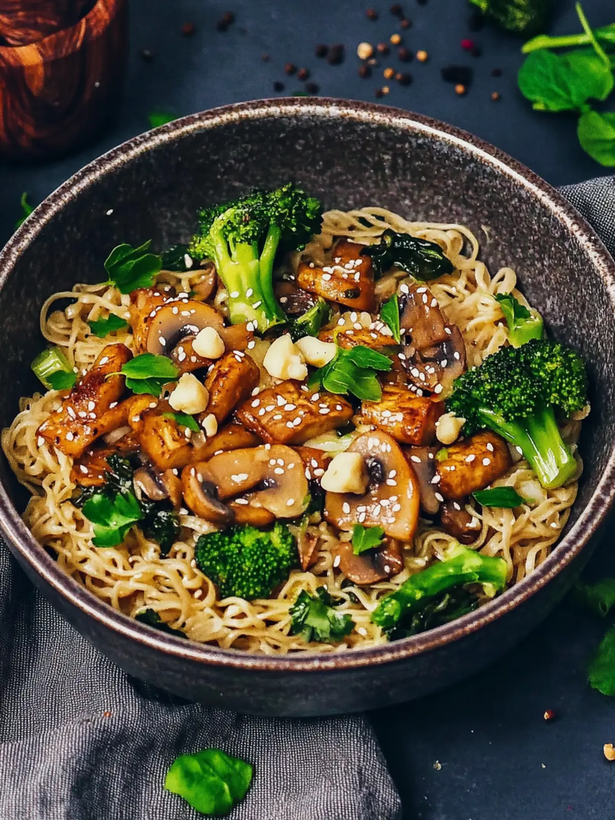 Champignon-Brokkoli-Pfanne auf Reisnudeln