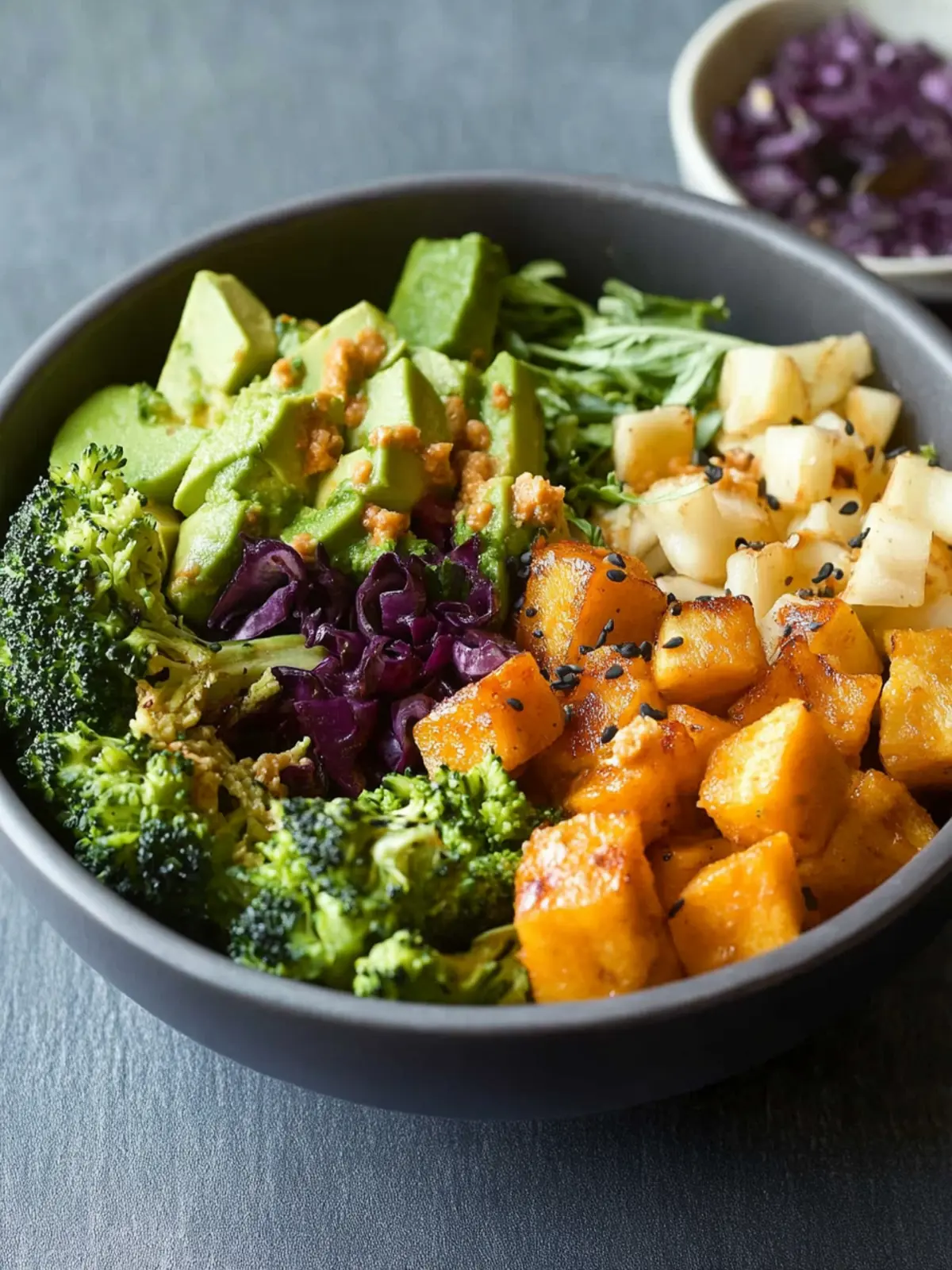 Vegane Buddha-Schüssel mit Brokkoli und Süßkartoffel