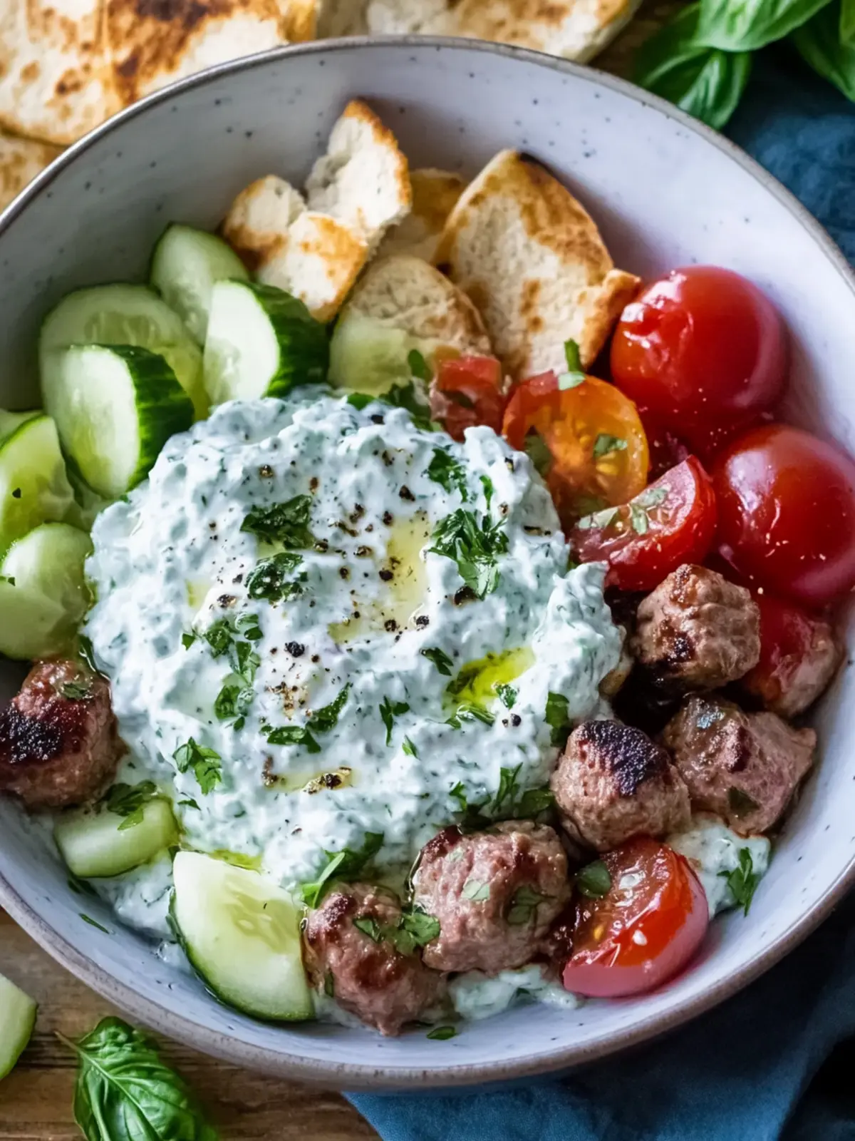 Griechische Fleischbällchen-Schüssel mit Tzatziki: Frisch, Aromatisch und Gesundes Mediterranes Gericht