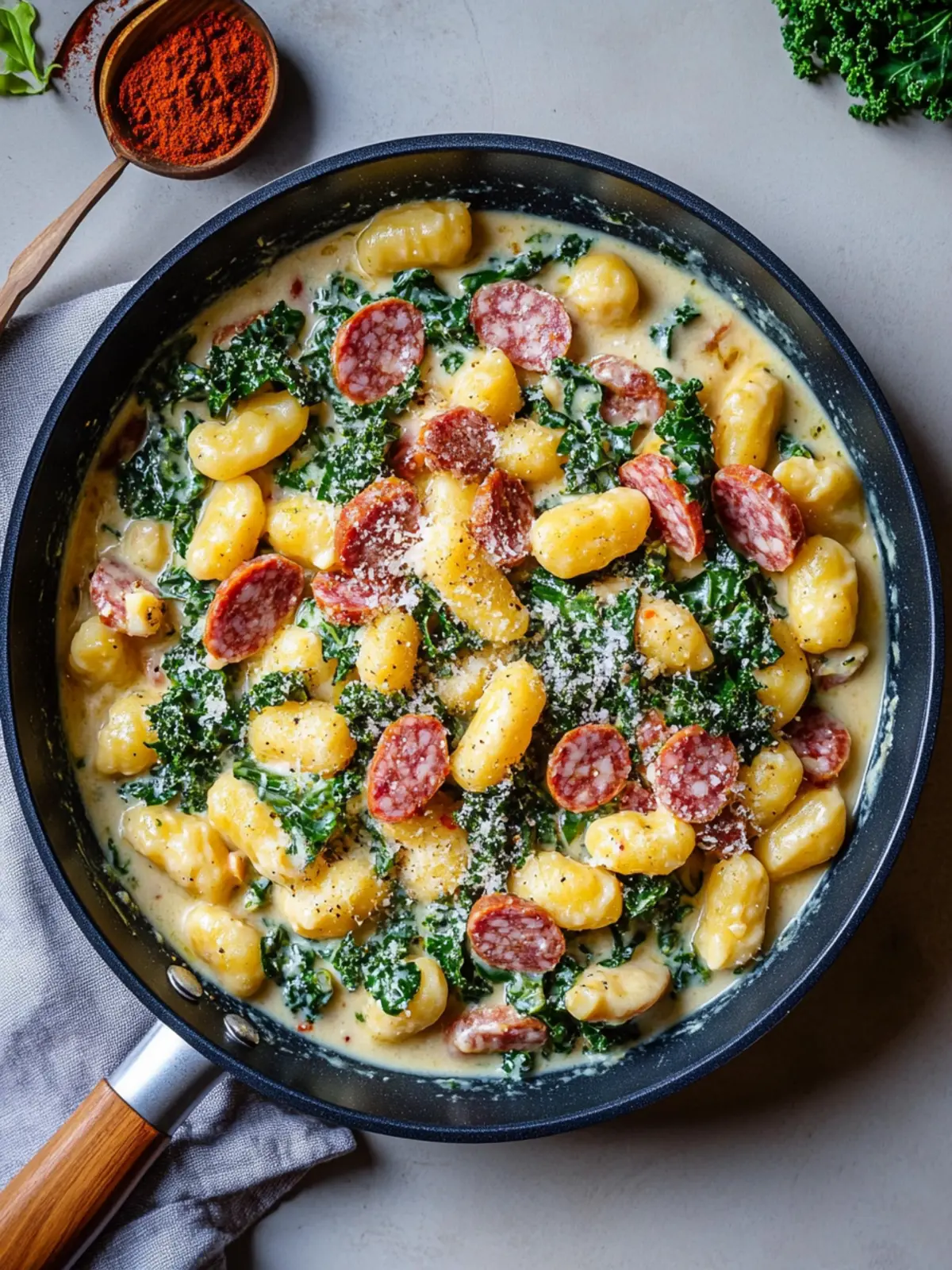 Gnocchi pan with creamy cauliflower sauce, kale and veggie salami