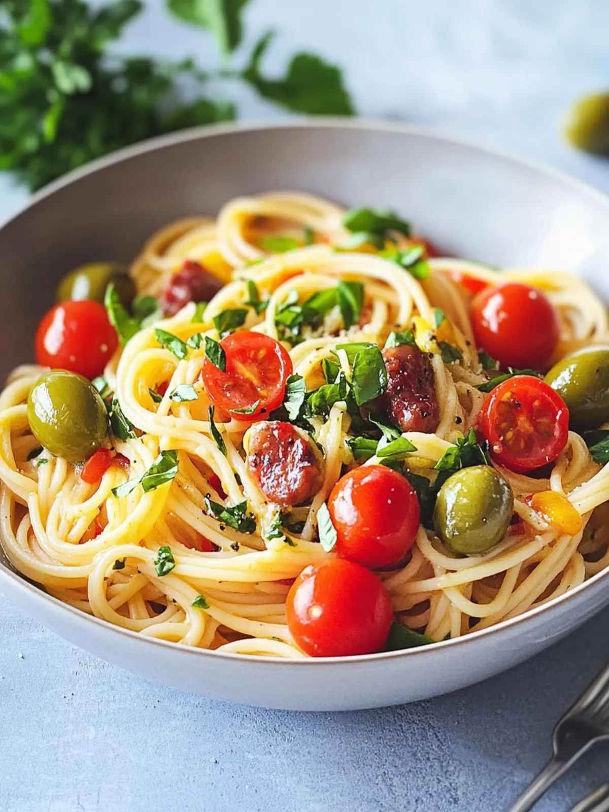 Mediterrane Ein-Topf-Pasta mit Kirschtomaten, Erbsen und Oliven