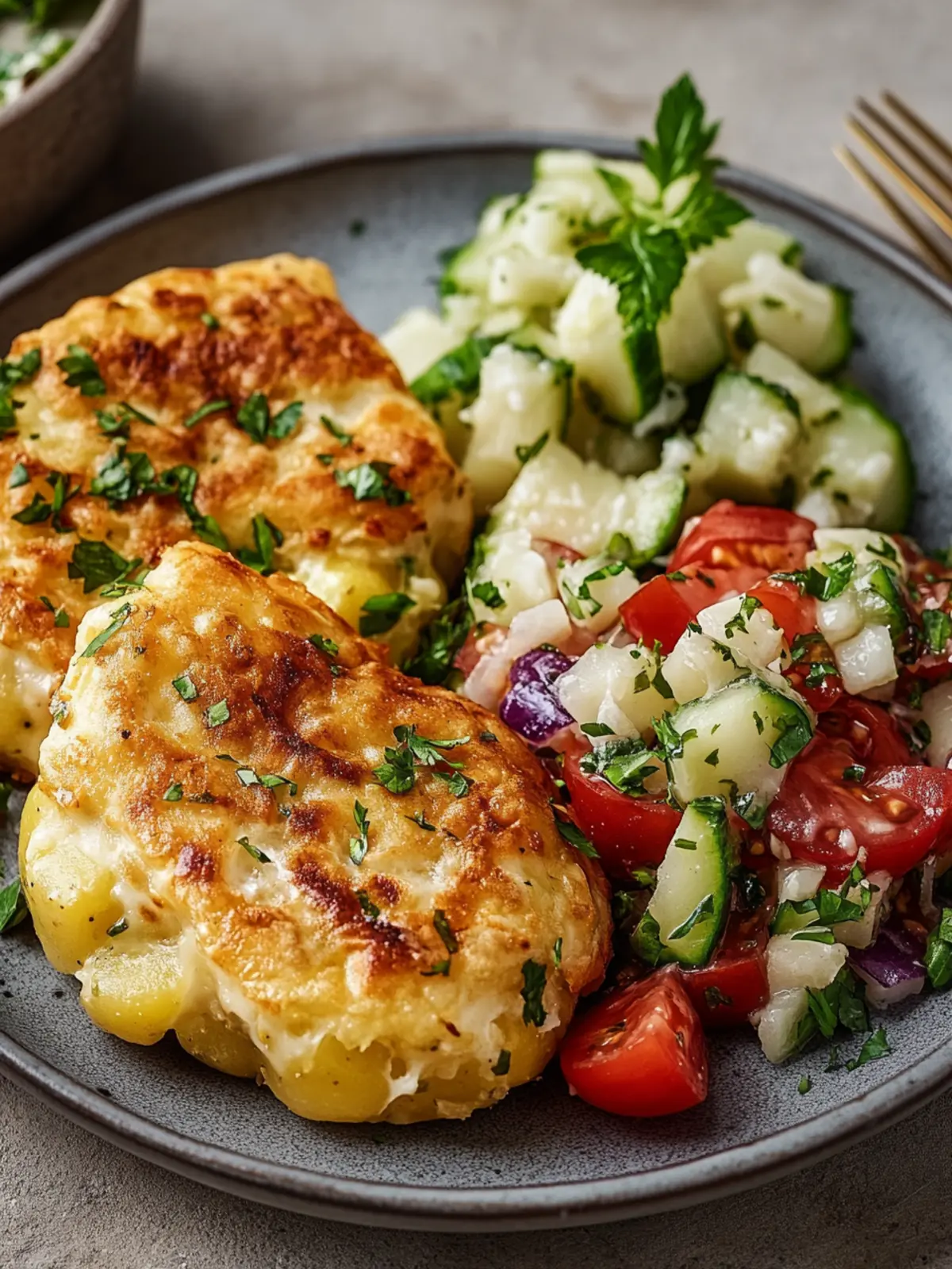 Mediterrane Kartoffel-Feta-Puffer mit Gurkensalat lecker