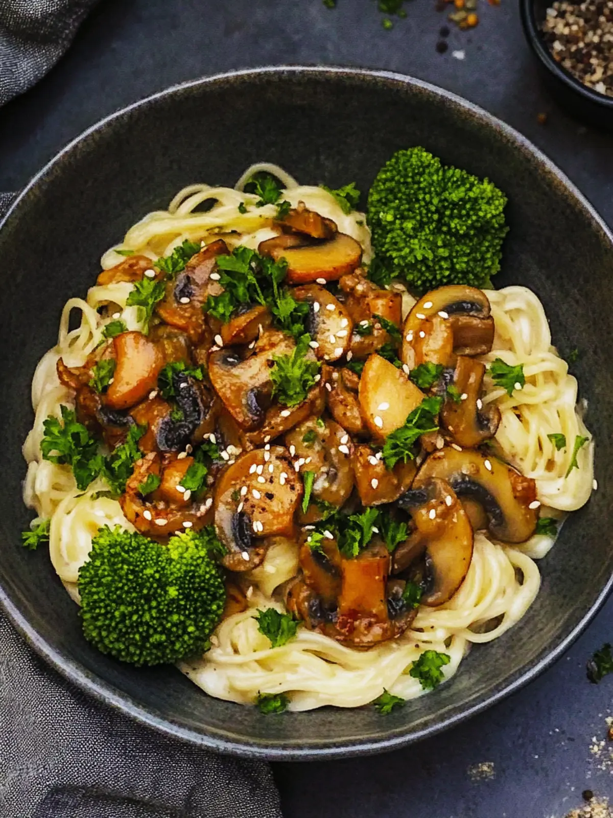 Champignon-Brokkoli-Pfanne auf Reisnudeln