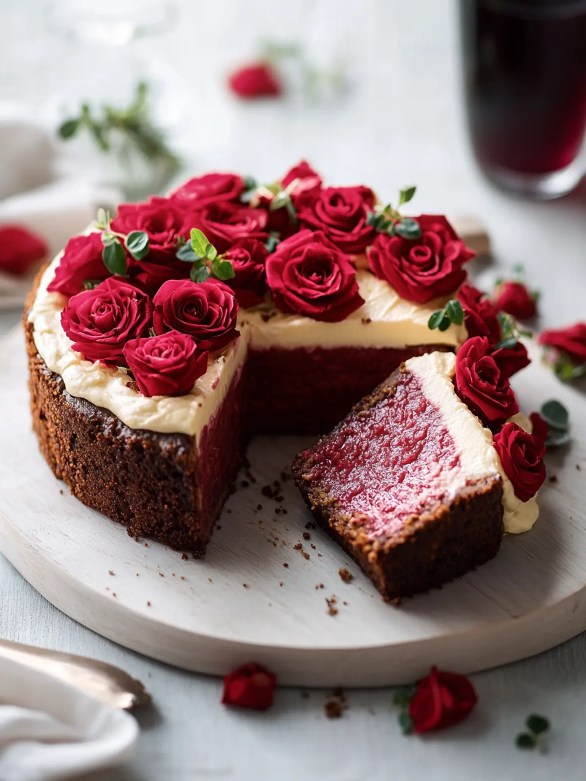Valentinstorte vom Big Green Egg: Rote Samt Herz mit Frischkäsecreme & Rosenblüten